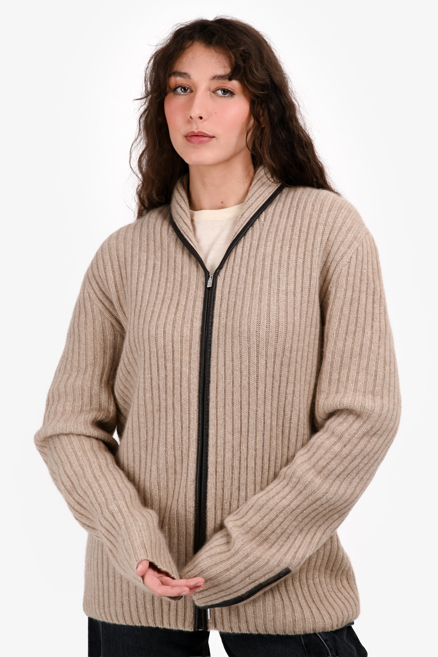 Hermès Beige Cashmere/Leather Trimmed Ribbed Long igan Size XL