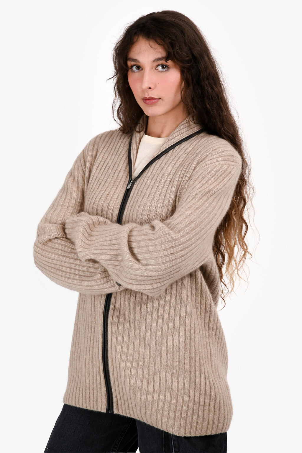 Hermès Beige Cashmere/Leather Trimmed Ribbed Long igan Size XL
