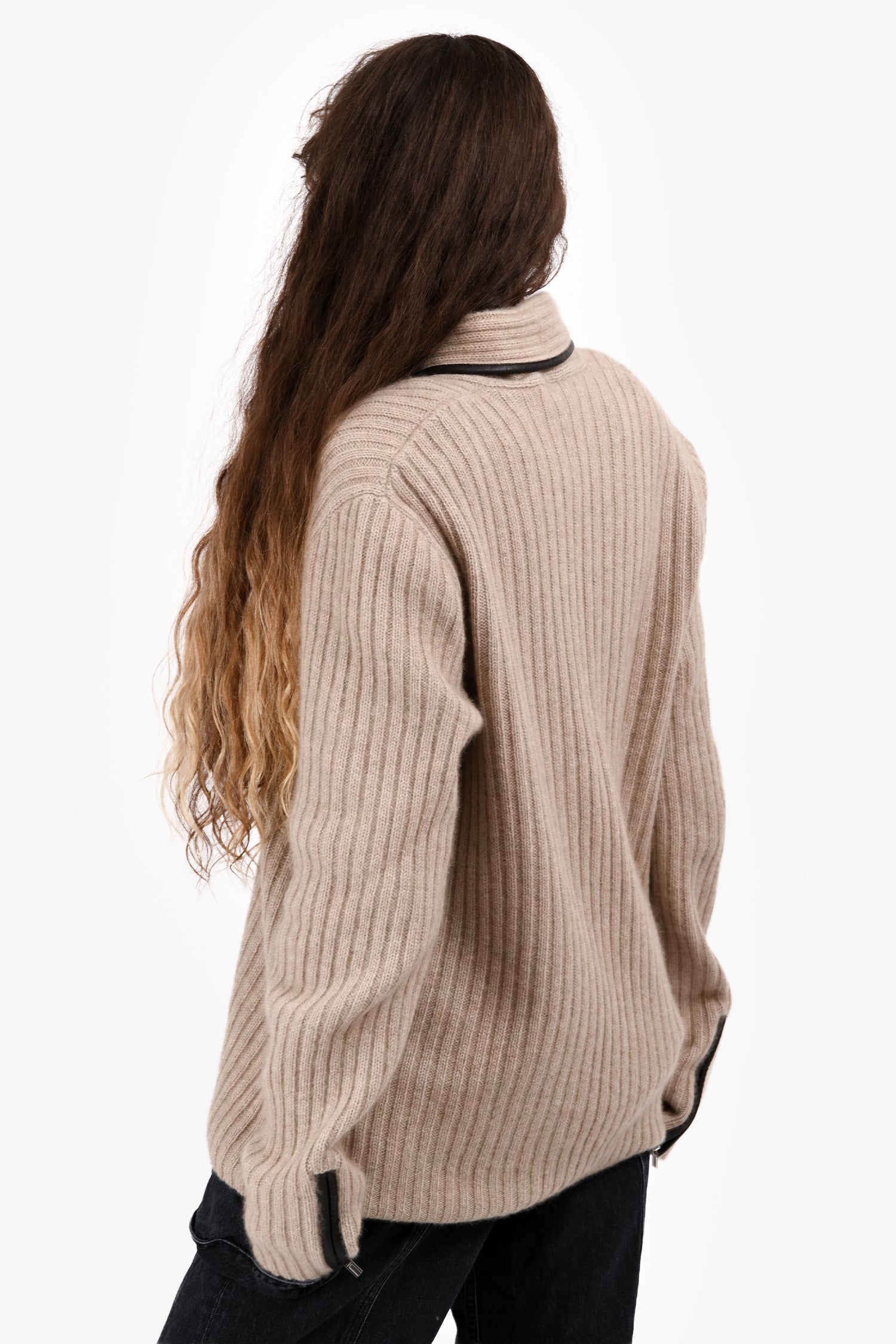 Hermès Beige Cashmere/Leather Trimmed Ribbed Long igan Size XL