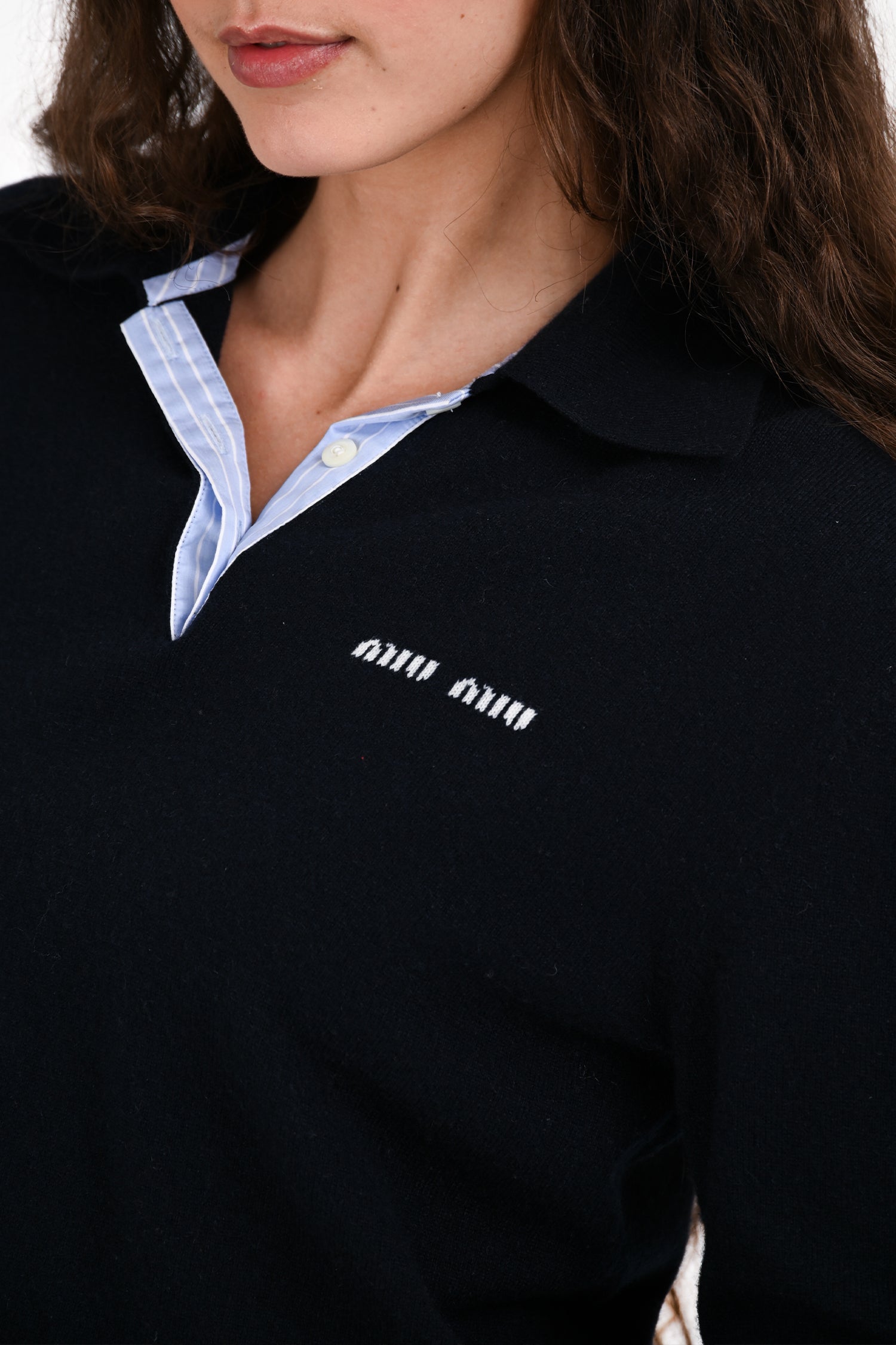 Miu Miu 2024 Navy Cashmere Collared Sweater Size 38