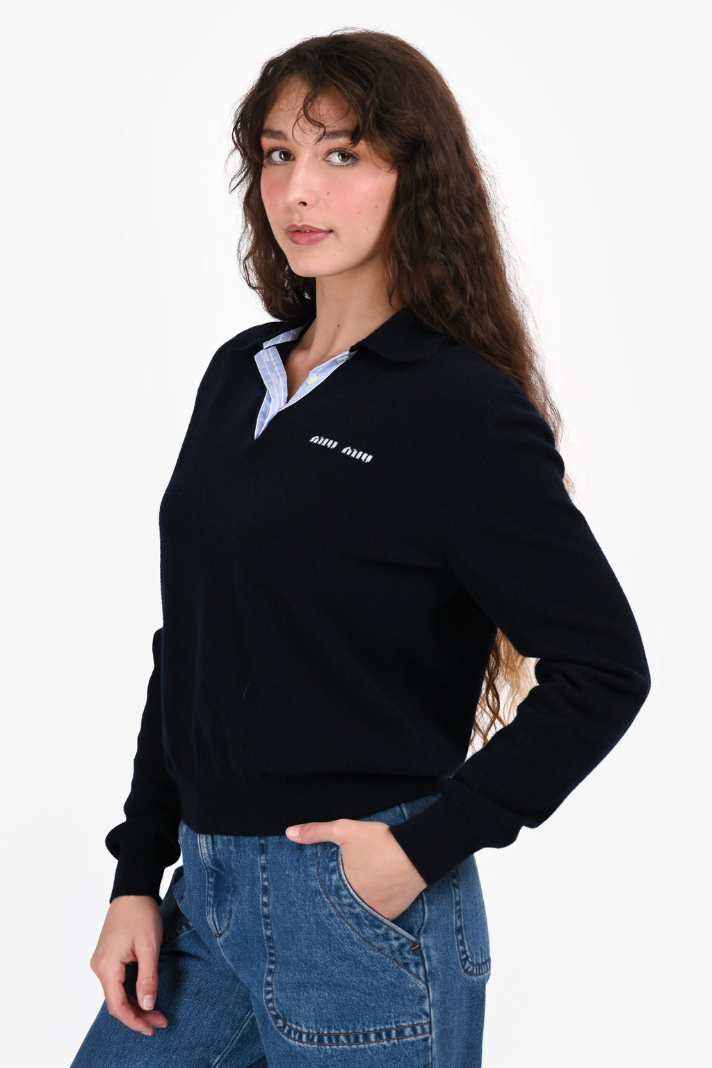 Miu Miu 2024 Navy Cashmere Collared Sweater Size 38
