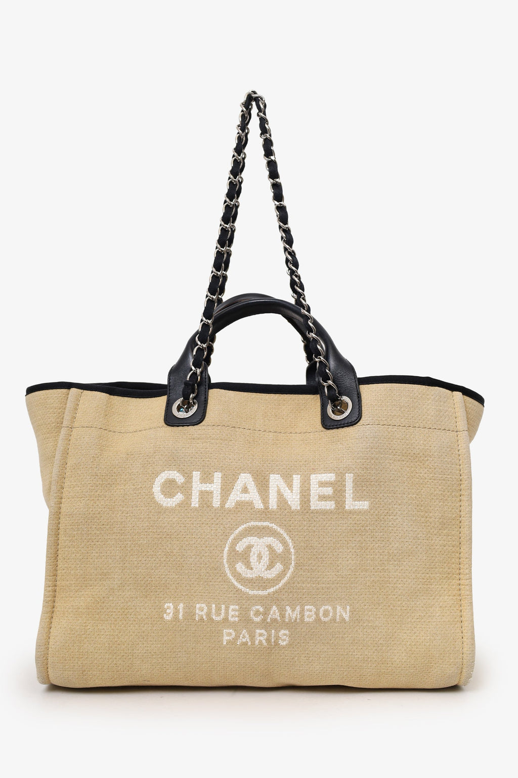 Pre-Loved Chanel™ 2012 Beige/Black Canvas Large Deauville Shopping Tote
