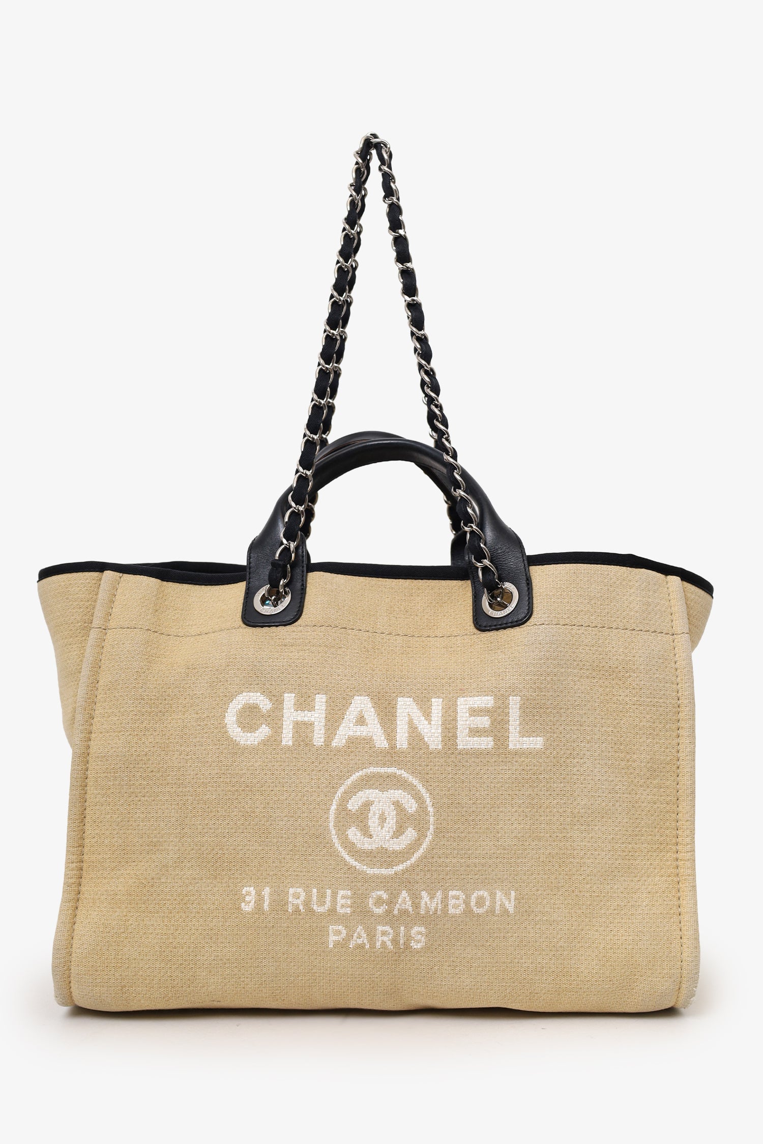 Pre-Loved Chanel™ 2012 Beige/Black Canvas Large Deauville Shopping Tote