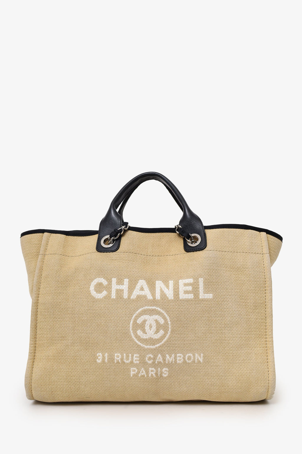 Pre-Loved Chanel™ 2012 Beige/Black Canvas Large Deauville Shopping Tote