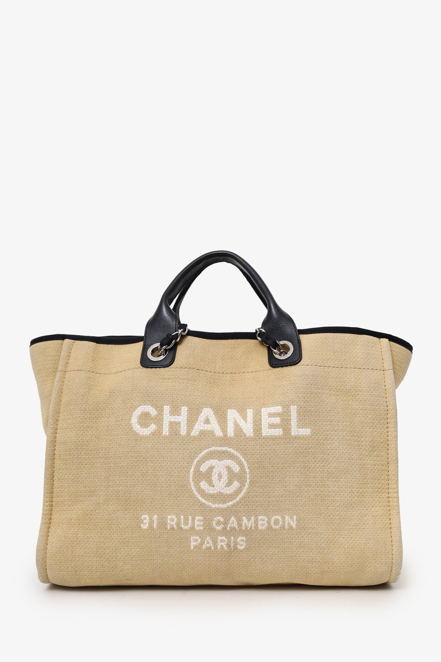 Pre-Loved Chanel™ 2012 Beige/Black Canvas Large Deauville Shopping Tote
