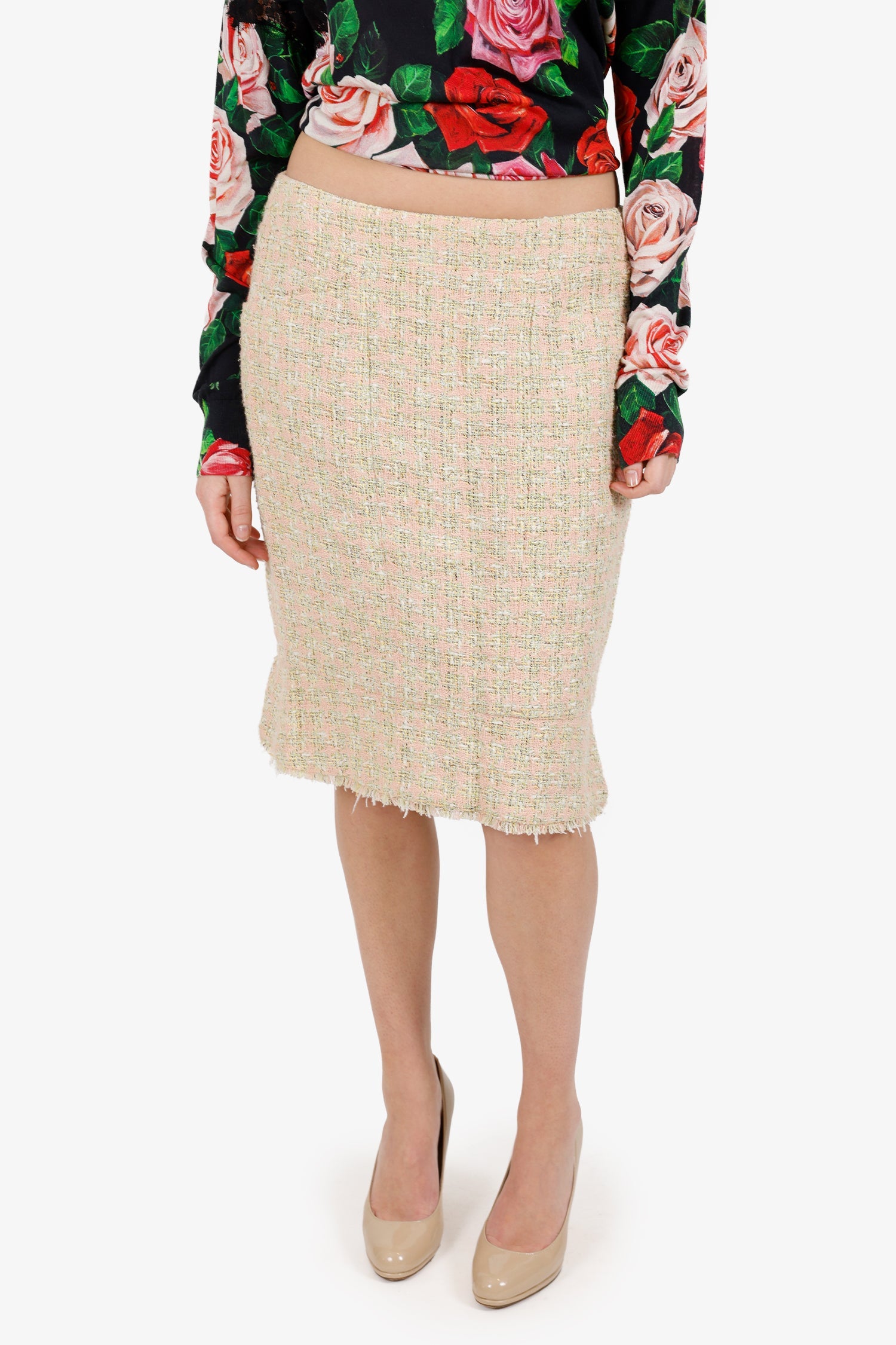 Pre-Loved Chanel™ 05P Pink/Green Tweed Midi Skirt Size 42