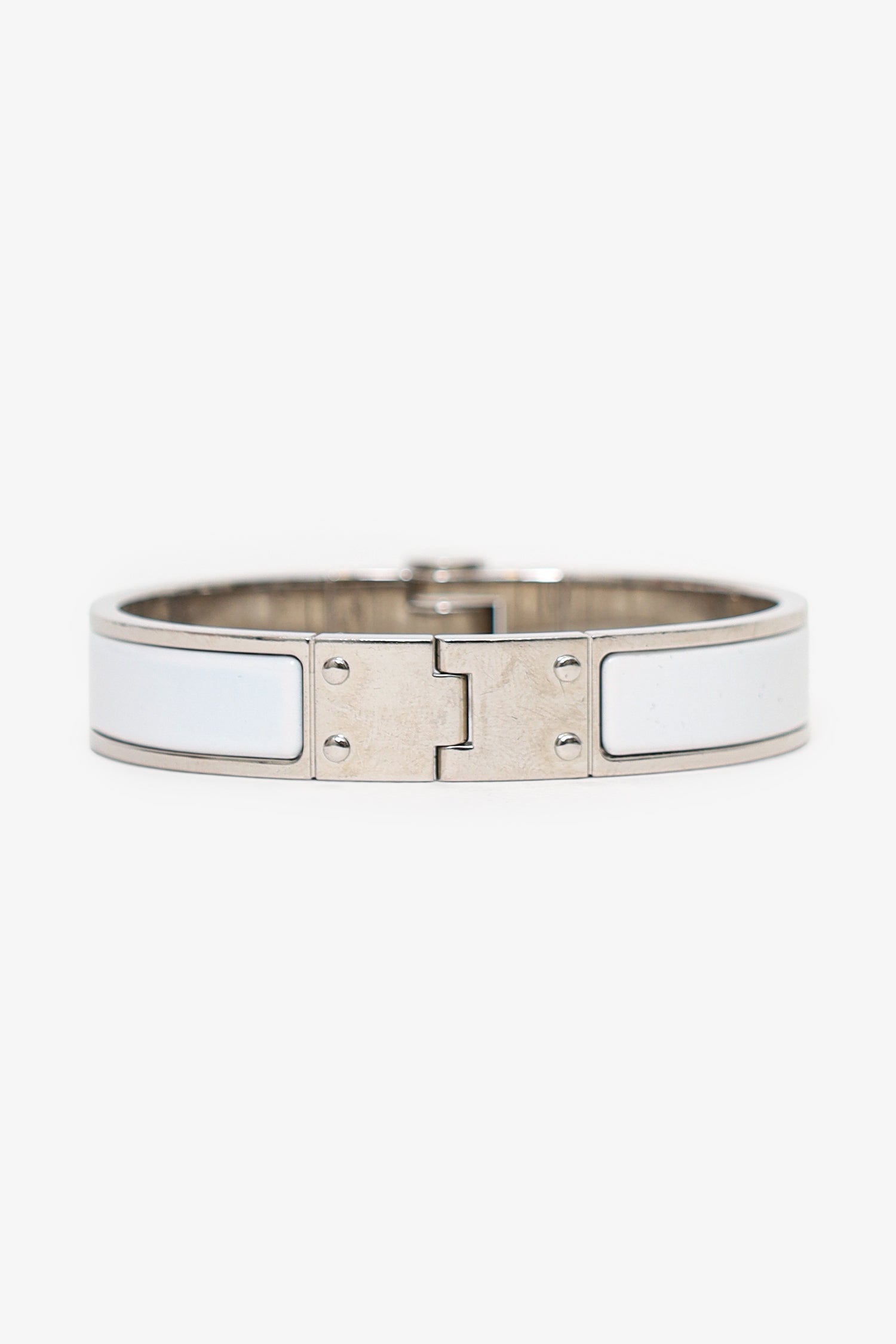 Hermès Silver Toned/White Enamel Charnière Hinged Bracelet