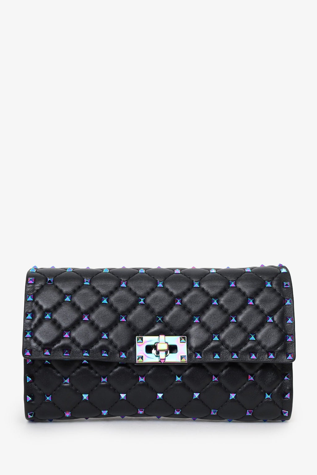 Valentino Black Lambskin Oil Slick Rockstud Spike Wallet on Chain