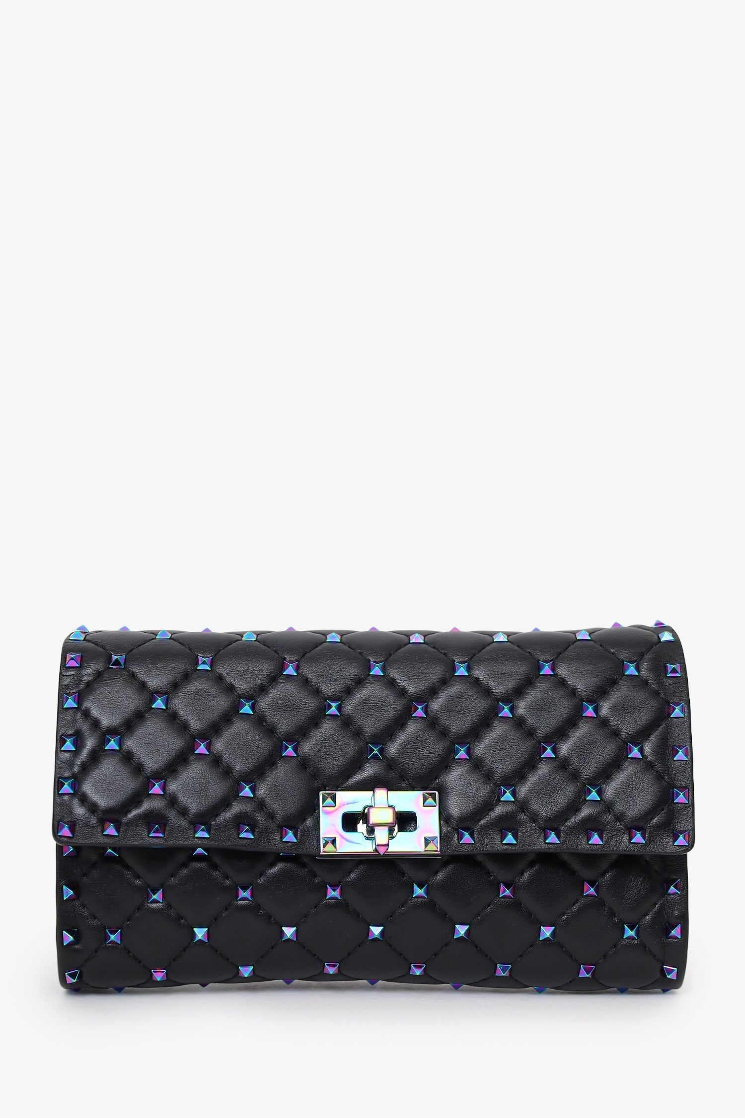 Valentino Black Lambskin Oil Slick Rockstud Spike Wallet on Chain