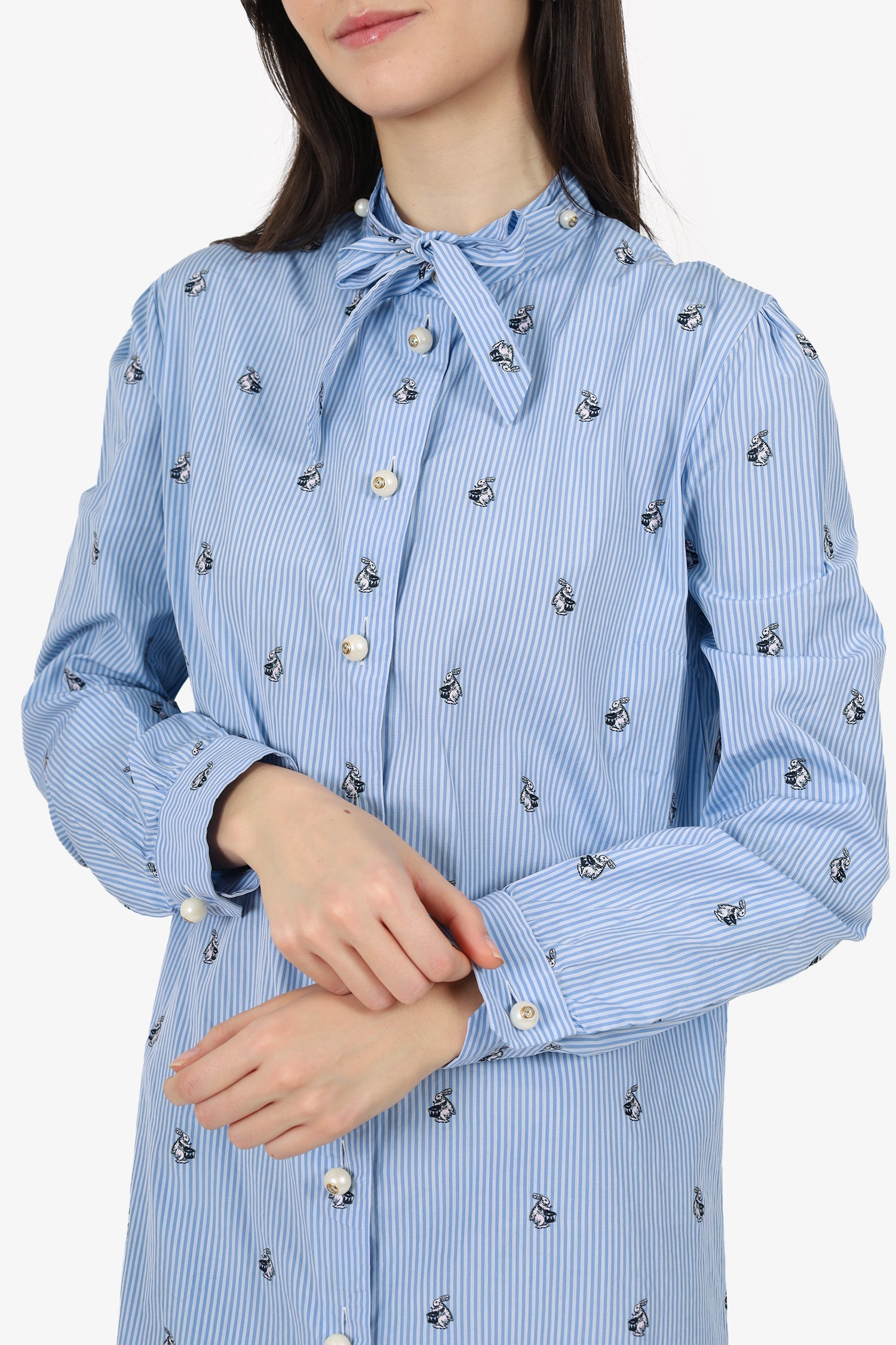Gucci Blue/White Striped Rabbit Embroidered Shirt Dress Size 44