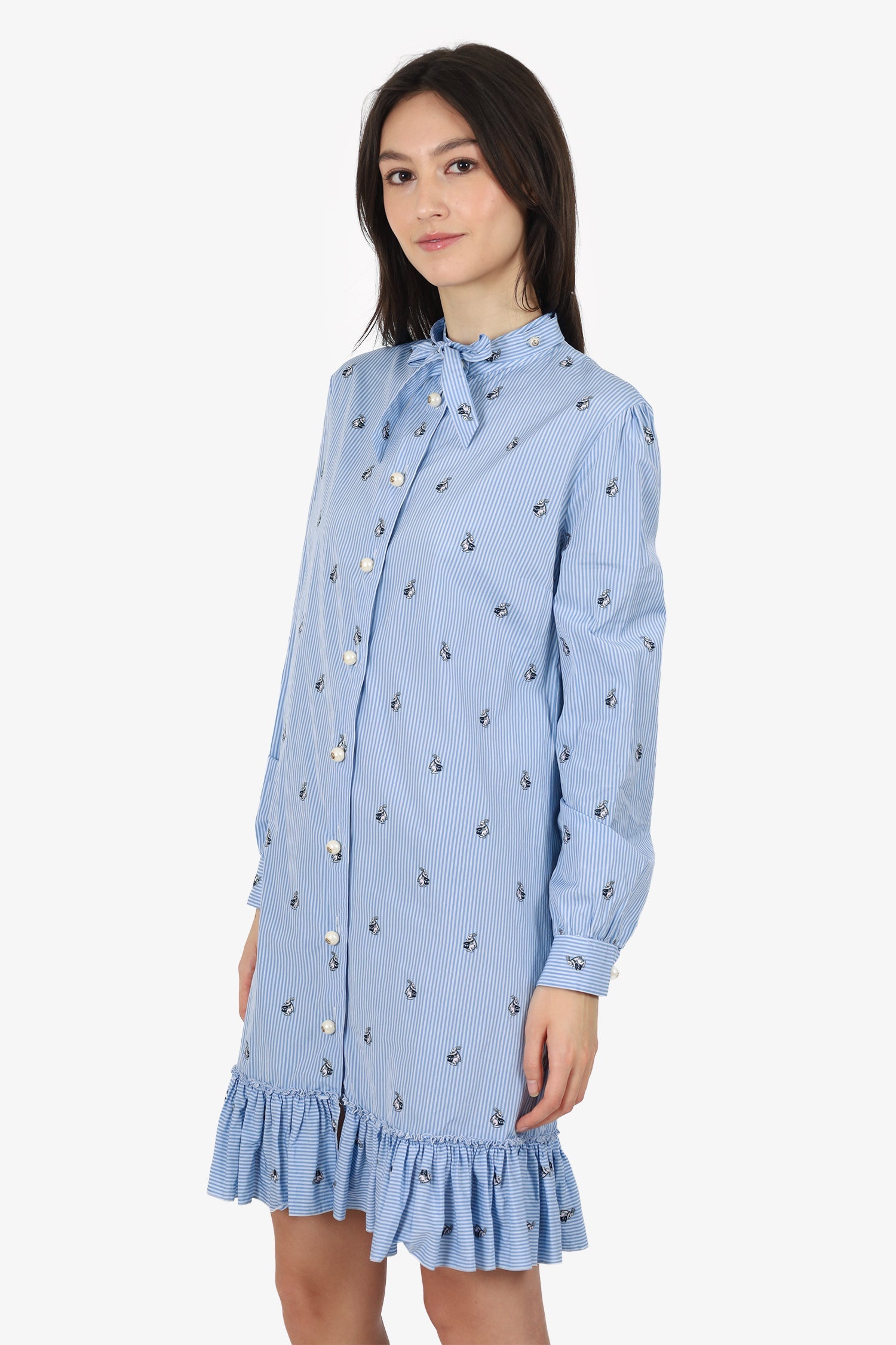 Gucci Blue/White Striped Rabbit Embroidered Shirt Dress Size 44