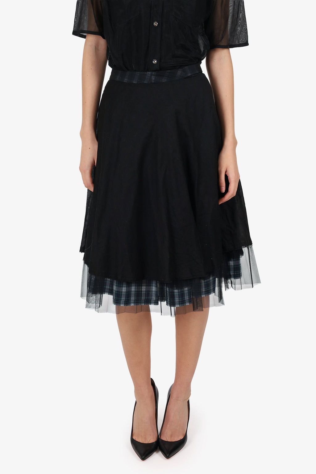 Veronique Branquinho Black Mesh Check Pleated Midi Skirt Size 36