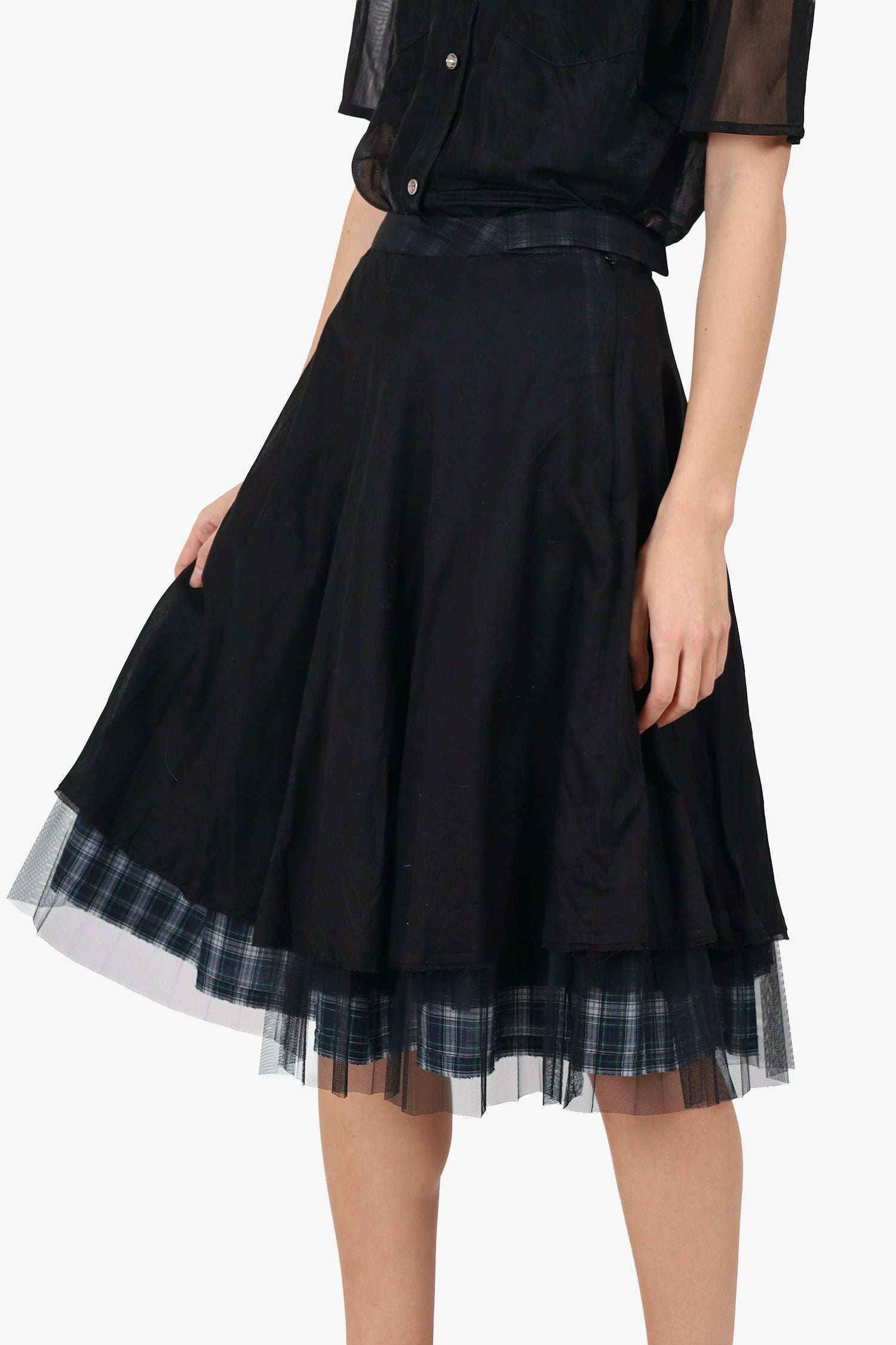 Veronique Branquinho Black Mesh Check Pleated Midi Skirt Size 36
