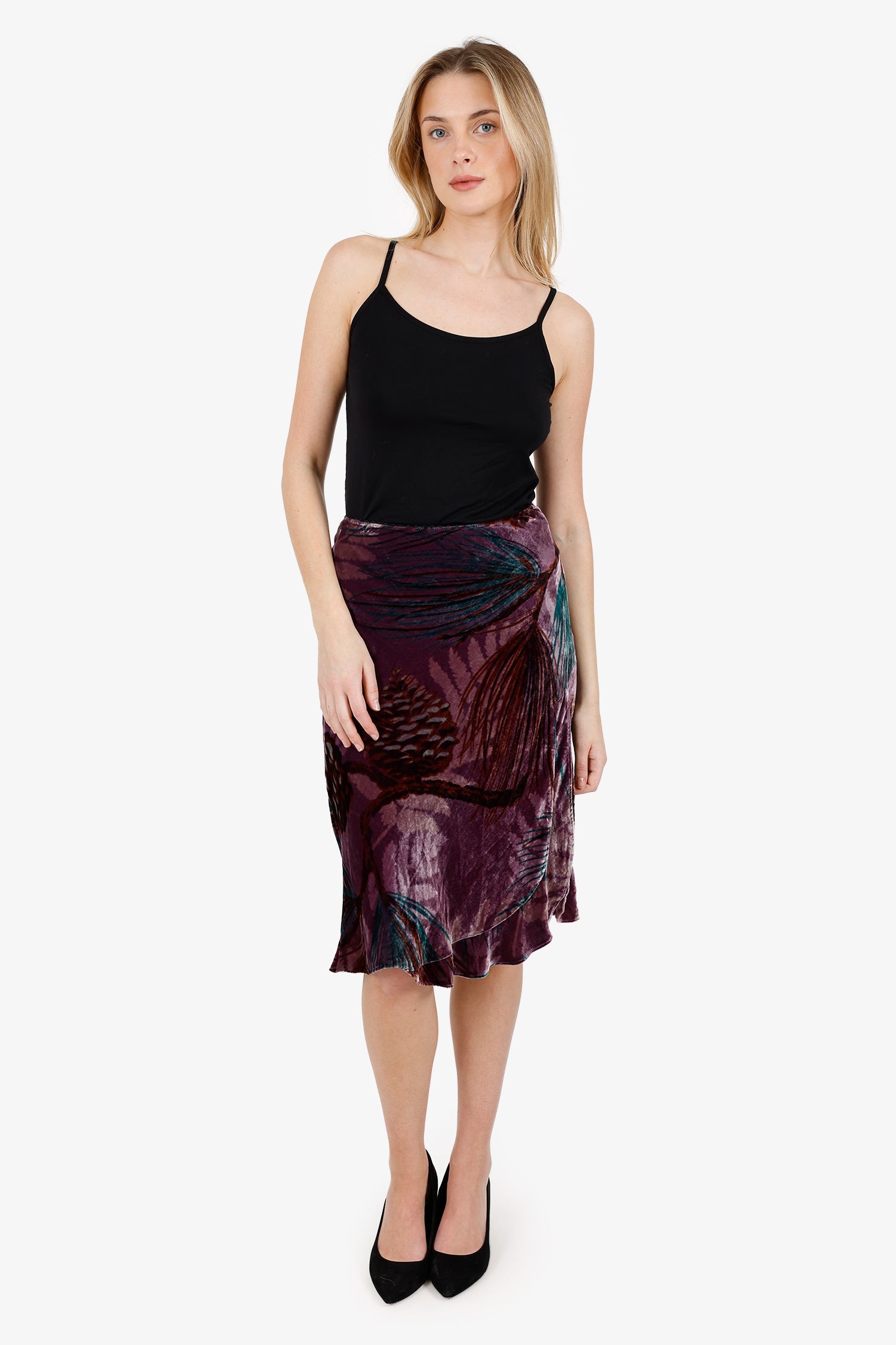 Nanette Lepore Purple Velvet Floral Print Ruffled Midi Skirt Size 4
