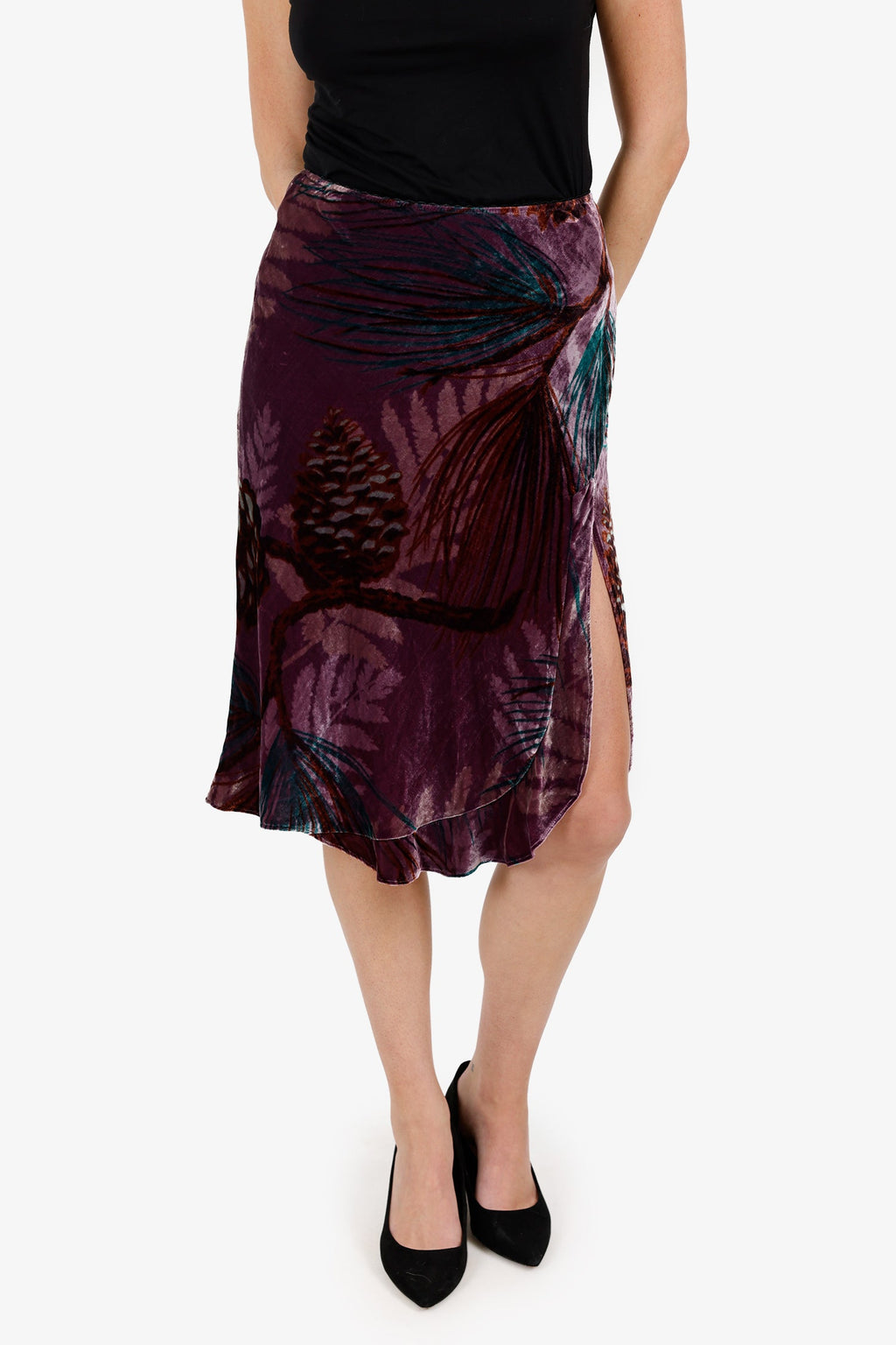Nanette Lepore Purple Velvet Floral Print Ruffled Midi Skirt Size 4