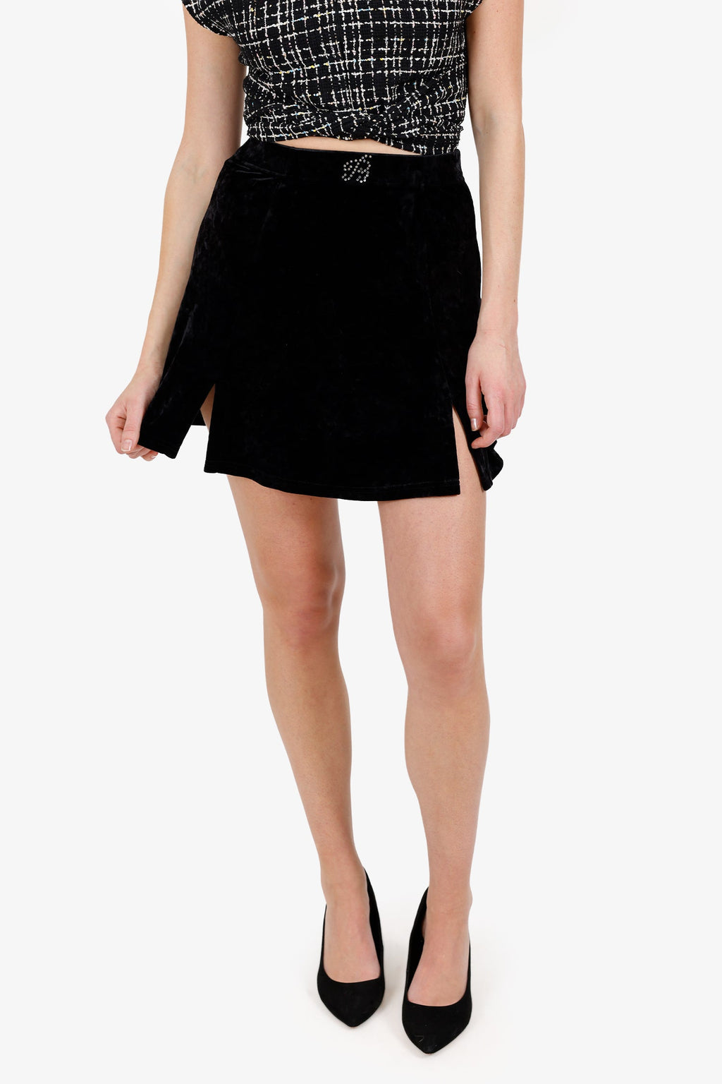 Blumarine Black Velvet Crystal Embellished Mini Skirt Estimated Size S