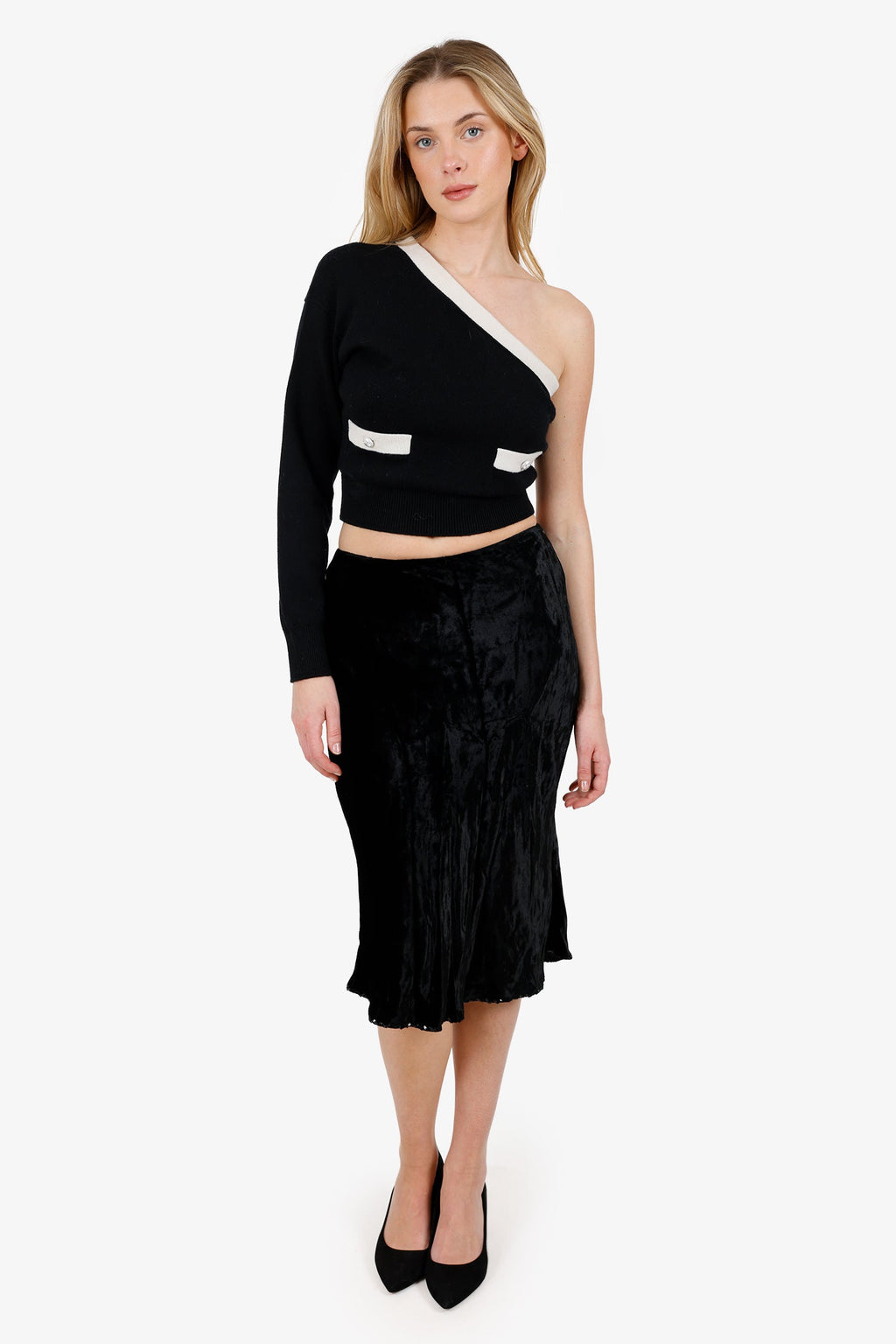 Blugirl by Blumarine Black Velvet Sequin Trimmed Midi Skirt Estimated Size S