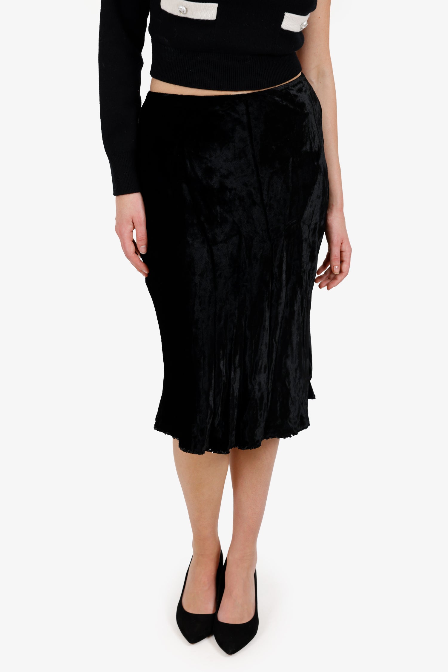 Blugirl by Blumarine Black Velvet Sequin Trimmed Midi Skirt Estimated Size S