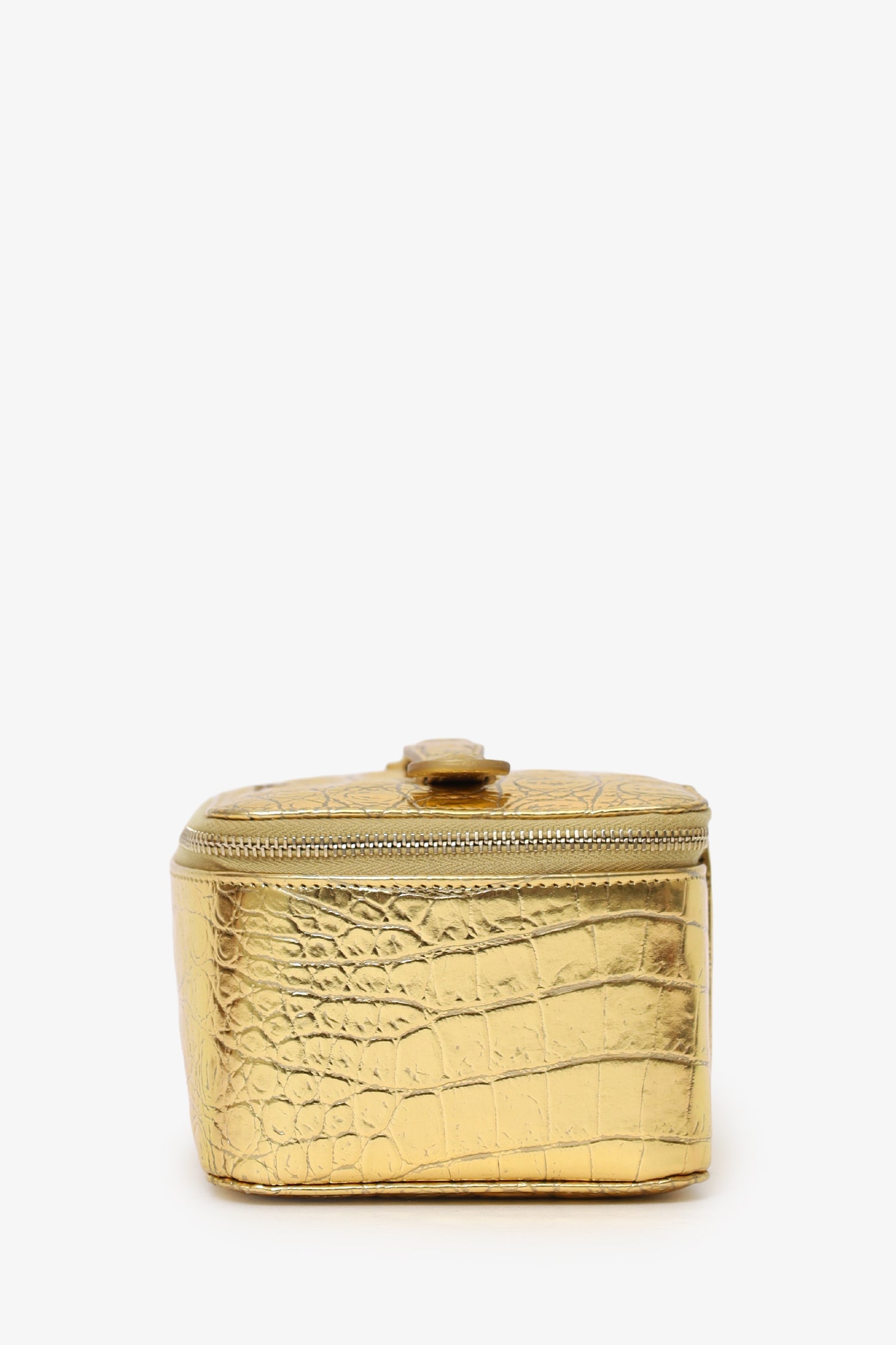 Pre-Loved Chanel™ Gold Metallic Crocodile Embossed Mini Vanity Bag