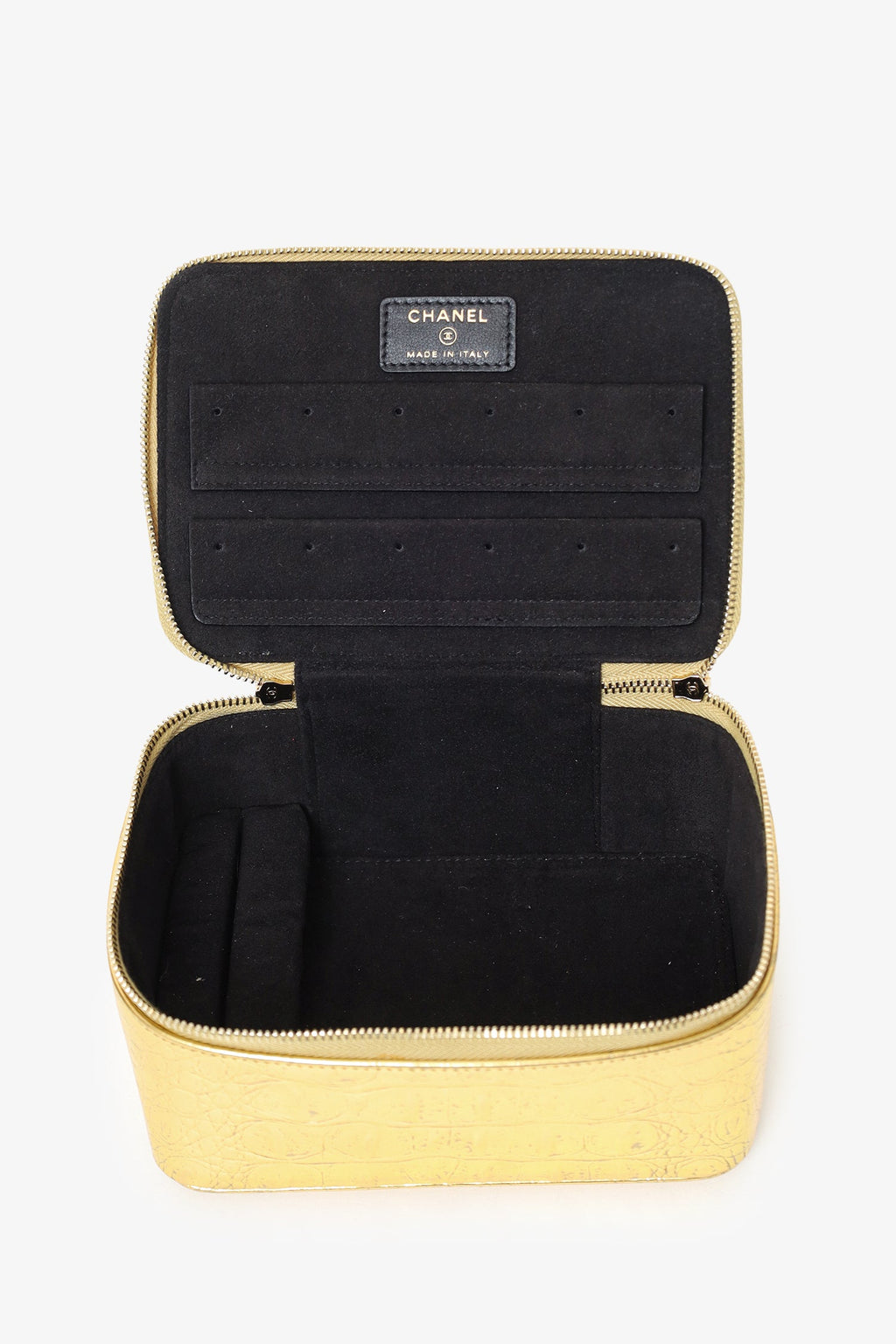 Pre-Loved Chanel™ Gold Metallic Crocodile Embossed Mini Vanity Bag