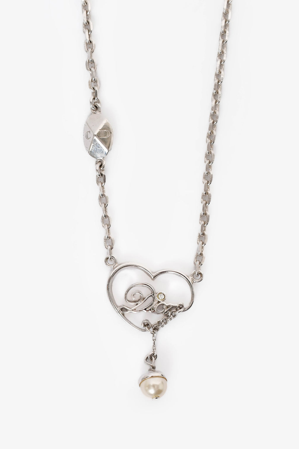 Christian Dior Silver Toned Heart Logo Pearl Necklace