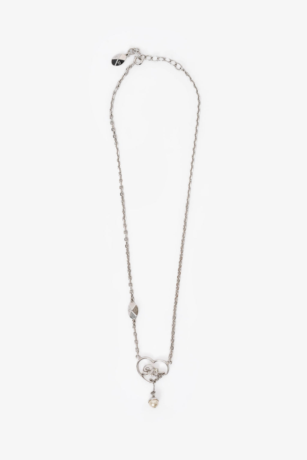 Christian Dior Silver Toned Heart Logo Pearl Necklace