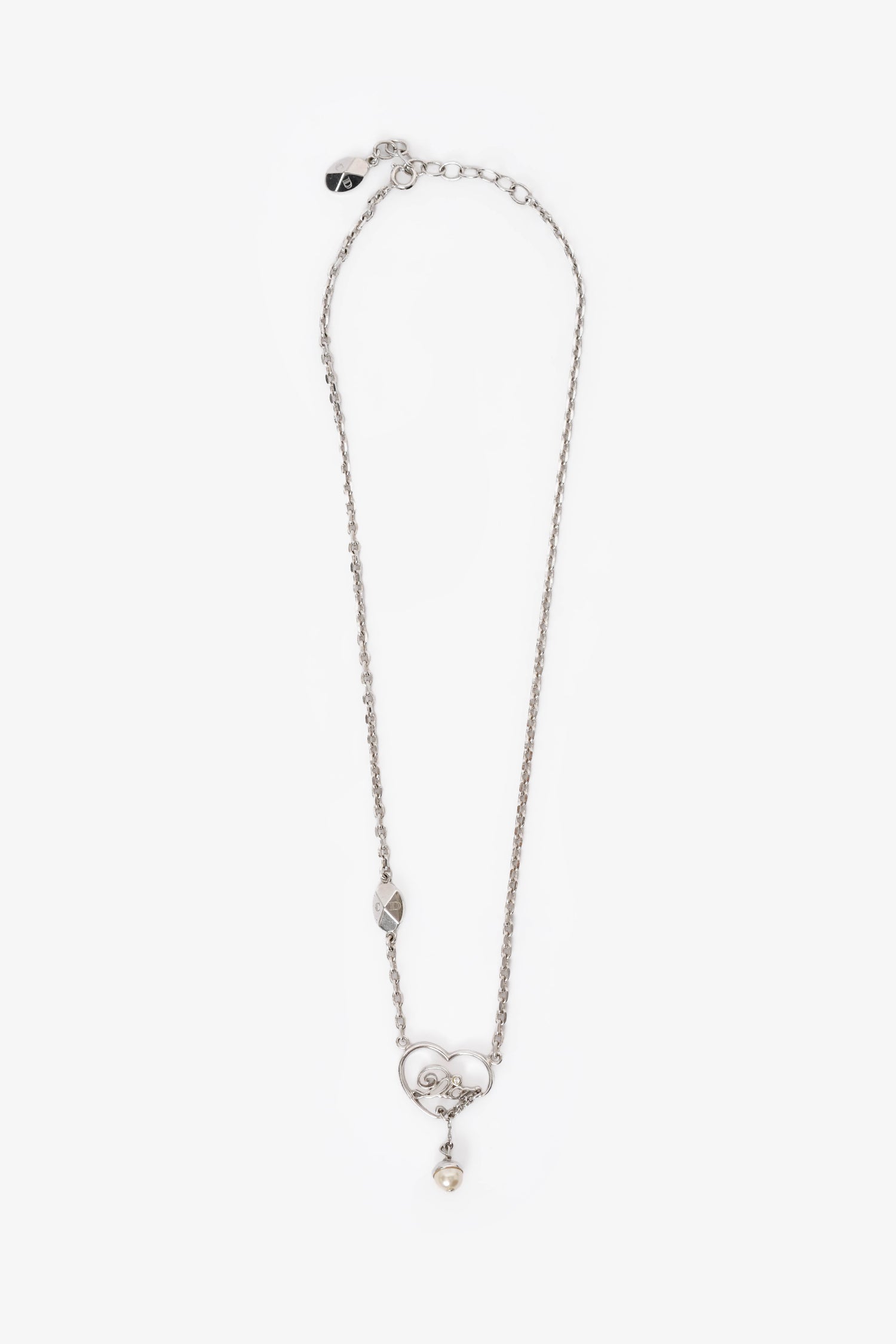 Christian Dior Silver Toned Heart Logo Pearl Necklace