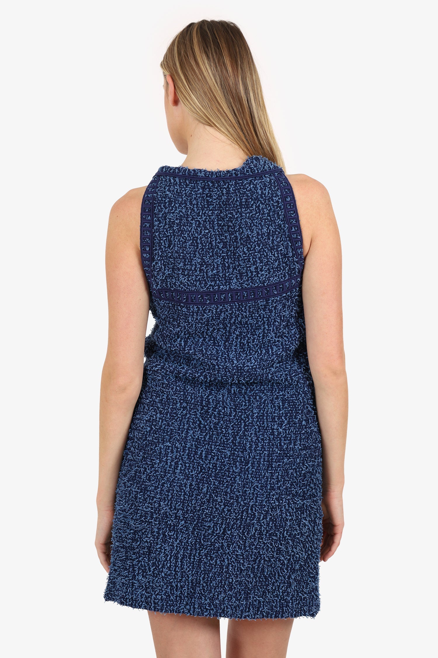 Pre-Loved Chanel™ Blue Boucle Tweed Sleeveless Shift Dress Size 34