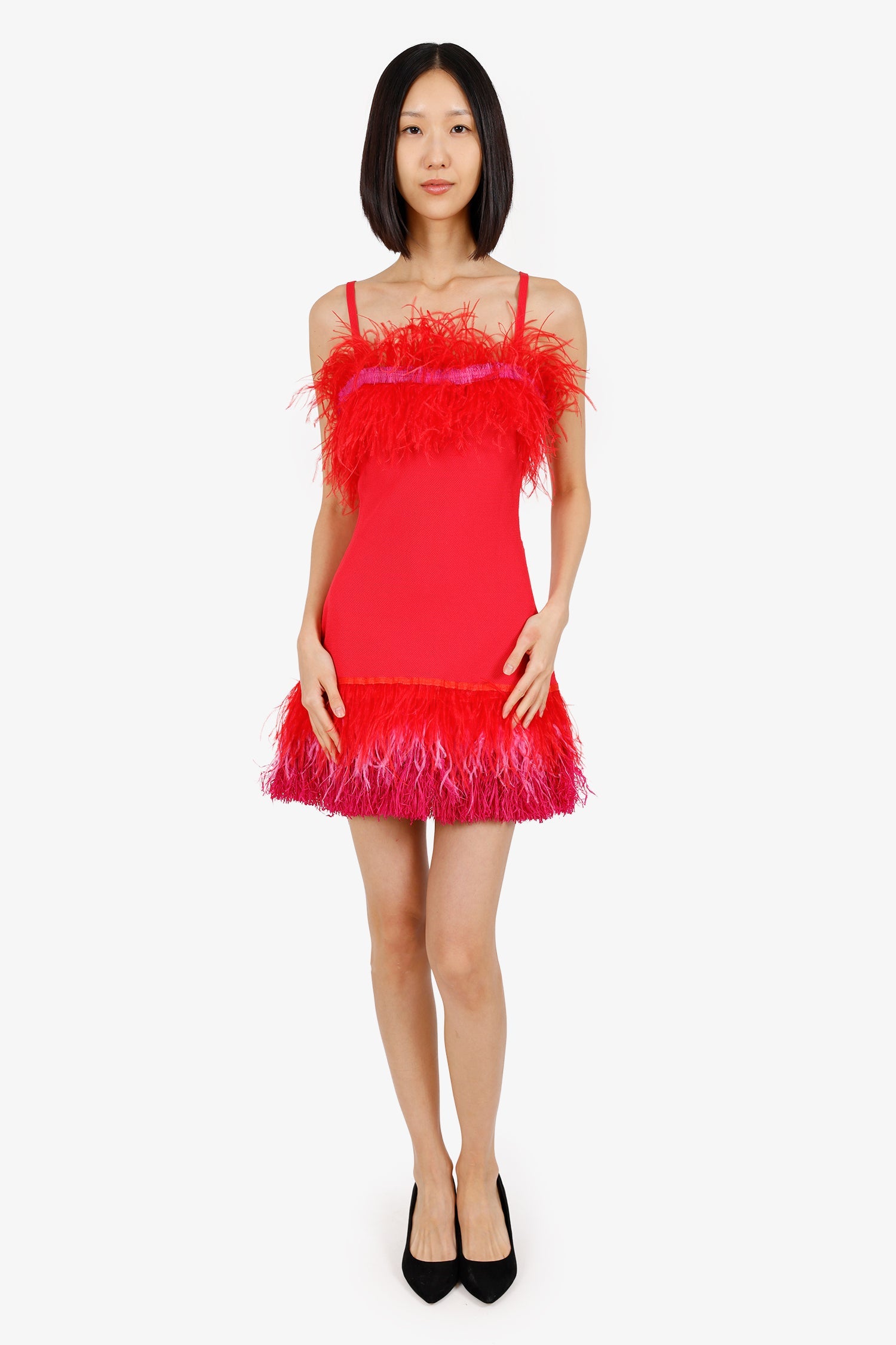 Staud Red Feather/Raffia-trimmed Crochet-Knit Mini Dress Size S