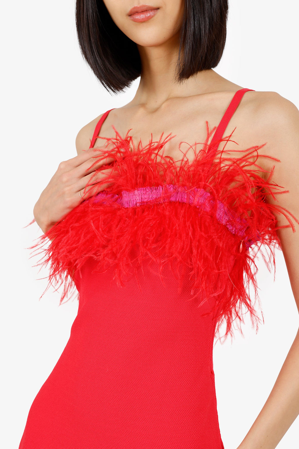 Staud Red Feather/Raffia-trimmed Crochet-Knit Mini Dress Size S