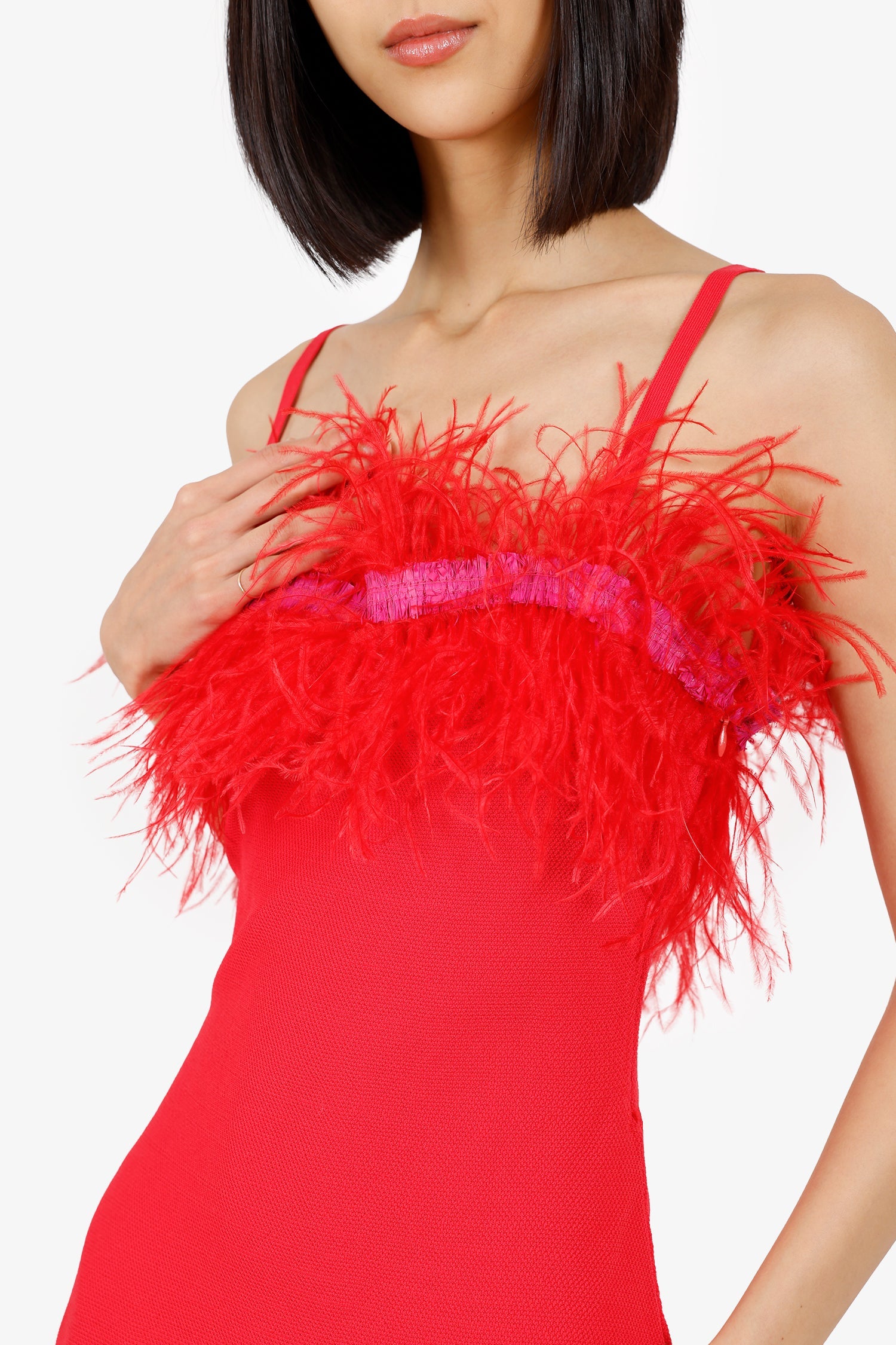 Staud Red Feather/Raffia-trimmed Crochet-Knit Mini Dress Size S