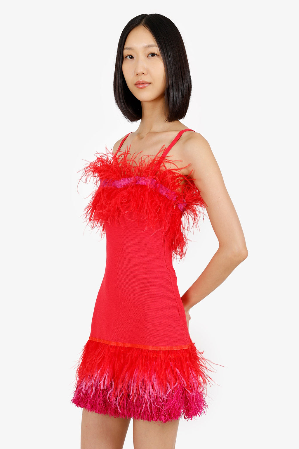 Staud Red Feather/Raffia-trimmed Crochet-Knit Mini Dress Size S
