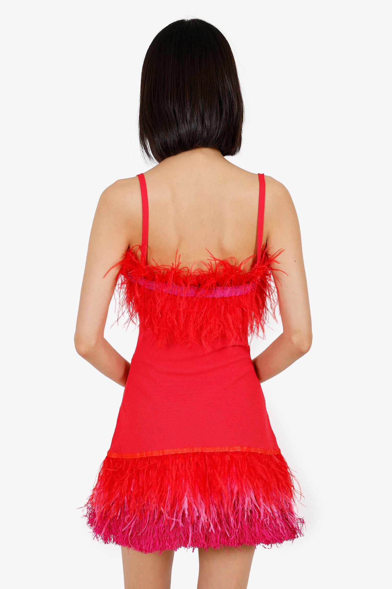 Staud Red Feather/Raffia-trimmed Crochet-Knit Mini Dress Size S