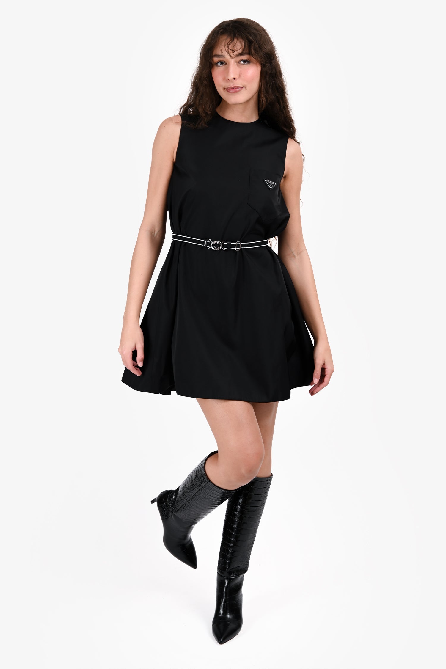 Prada 2019 Black Re-Nylon 'Gabardine' Belted Midi Dress Size 36