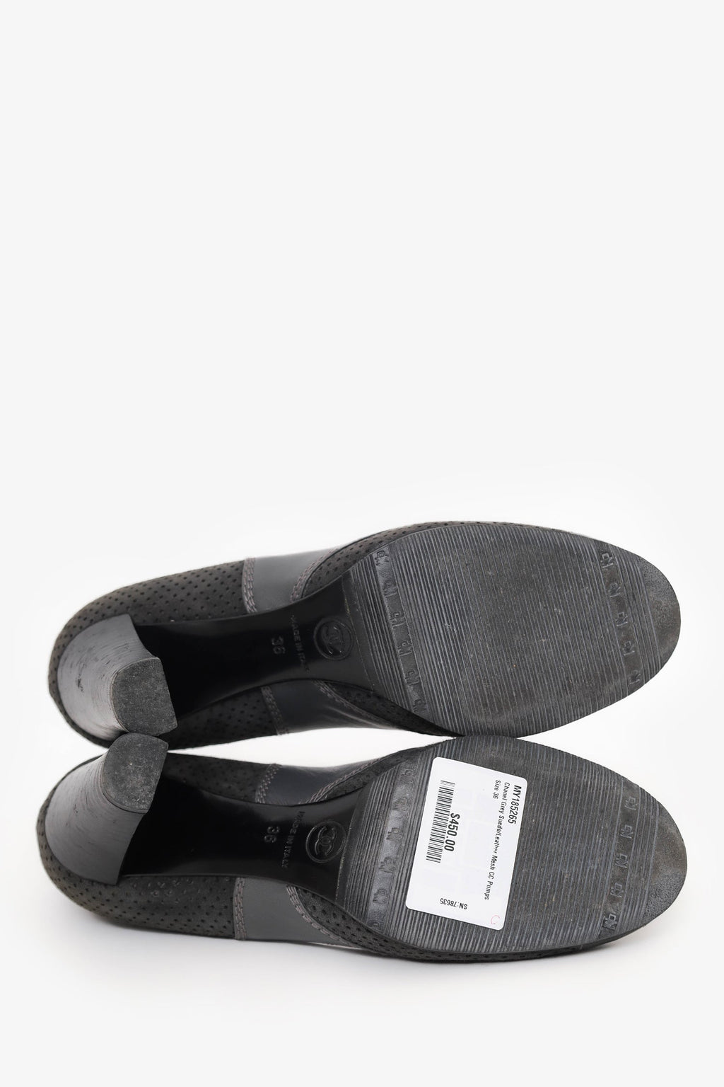Pre-Loved Chanel™ Grey Suede/Leather Mesh CC Pumps Size 36