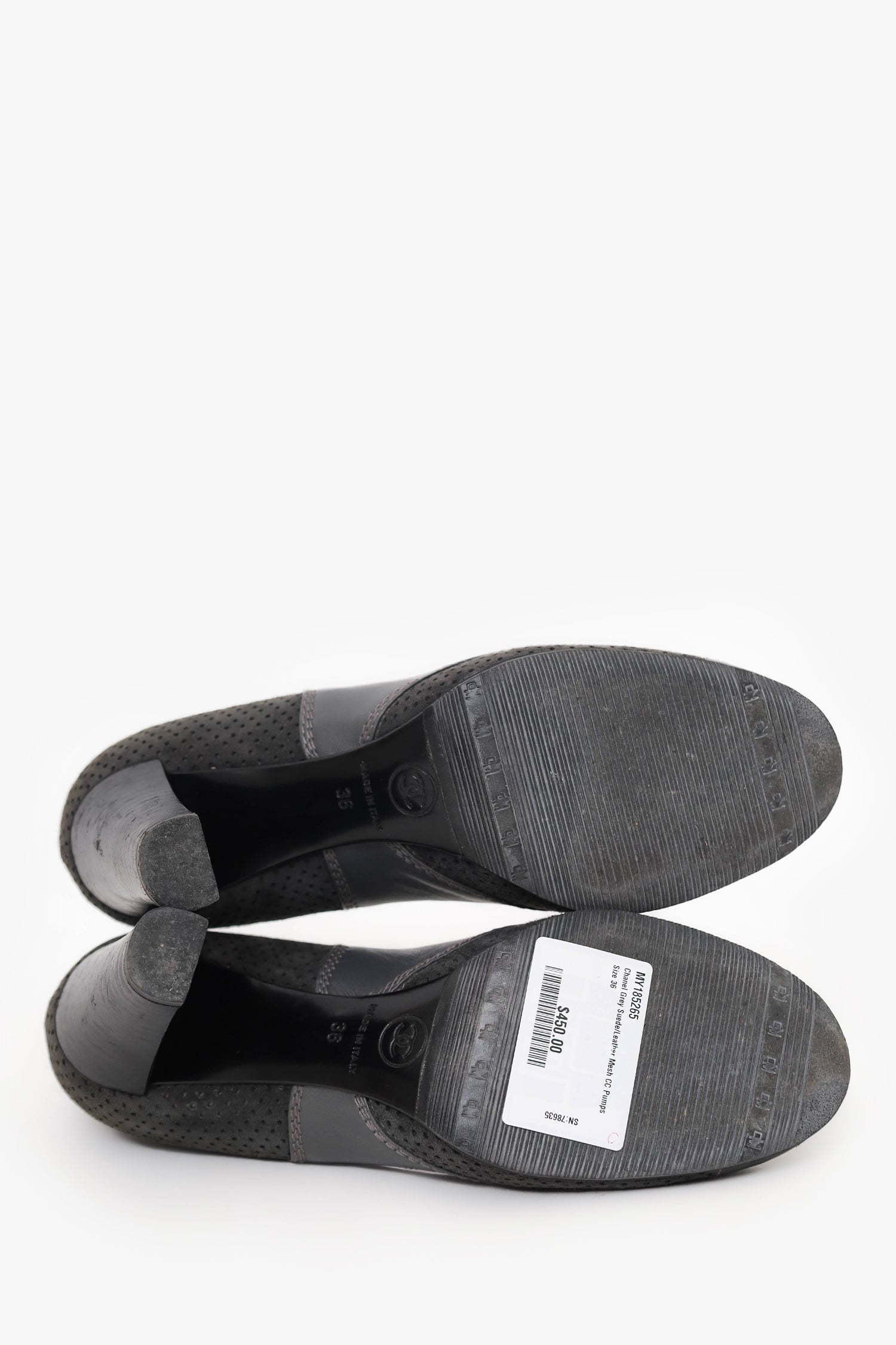 Pre-Loved Chanel™ Grey Suede/Leather Mesh CC Pumps Size 36