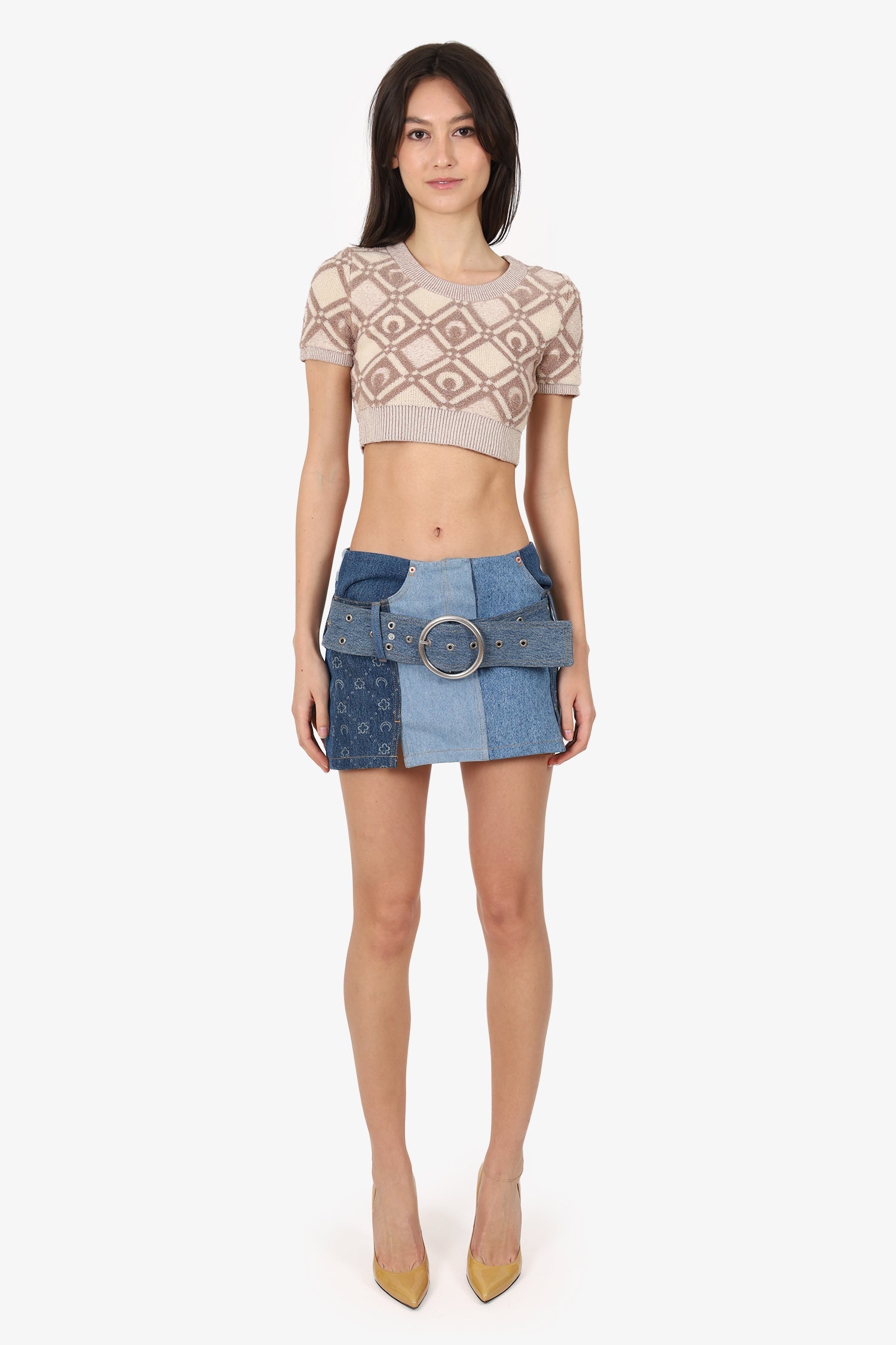 Marine Serre Blue Denim Monogram Belted Mini Skirt Size 34