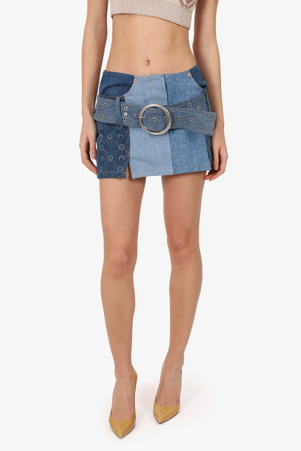 Marine Serre Blue Denim Monogram Belted Mini Skirt Size 34