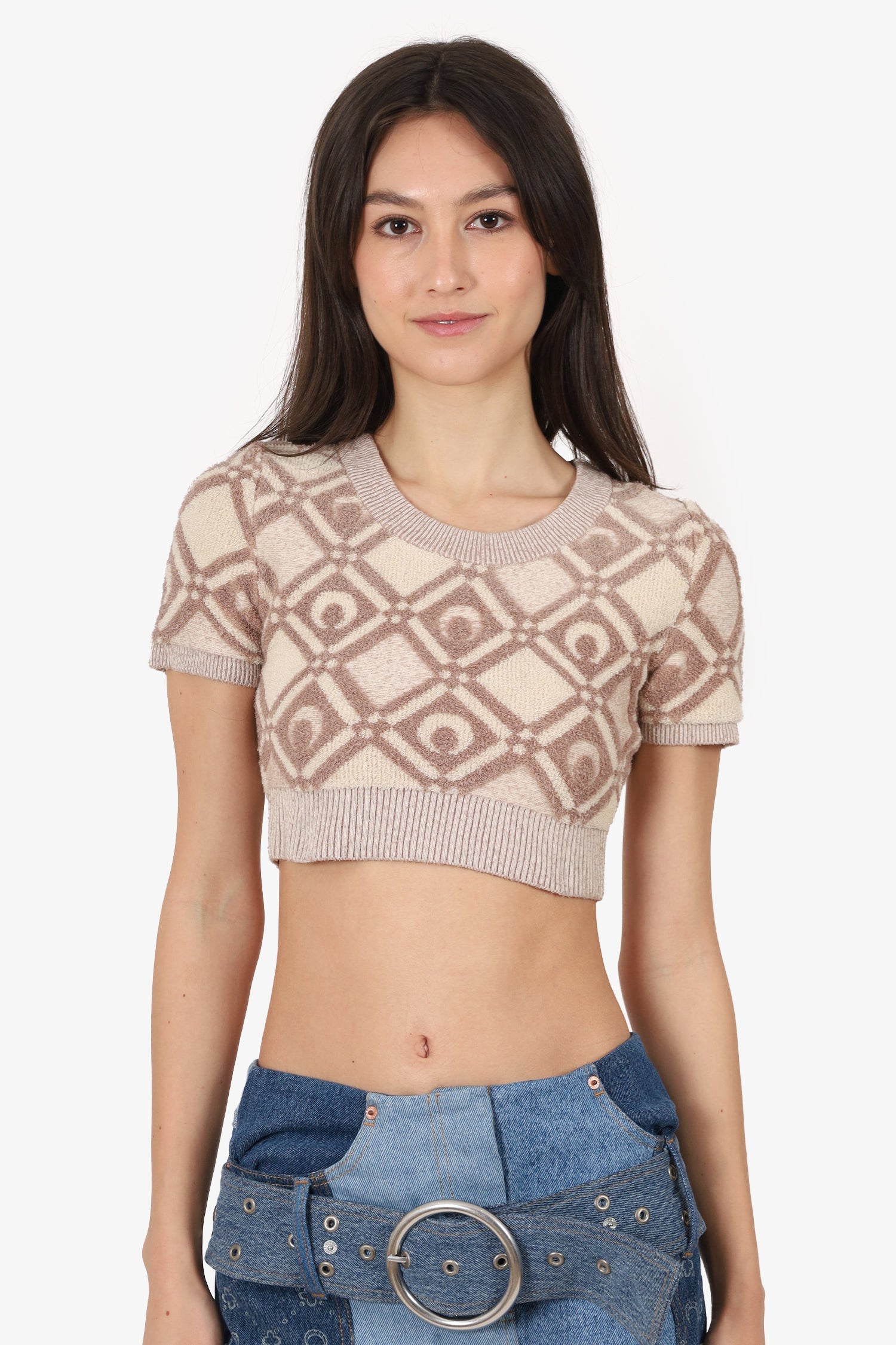 Marine Serre Beige/Brown Chunky Jacquard Knitted Crop Top Size XS