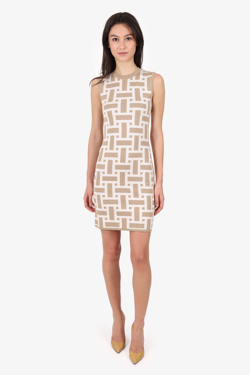 Hermès Beige/White “Mosaique” Knit Sleeveless Dress Size 34