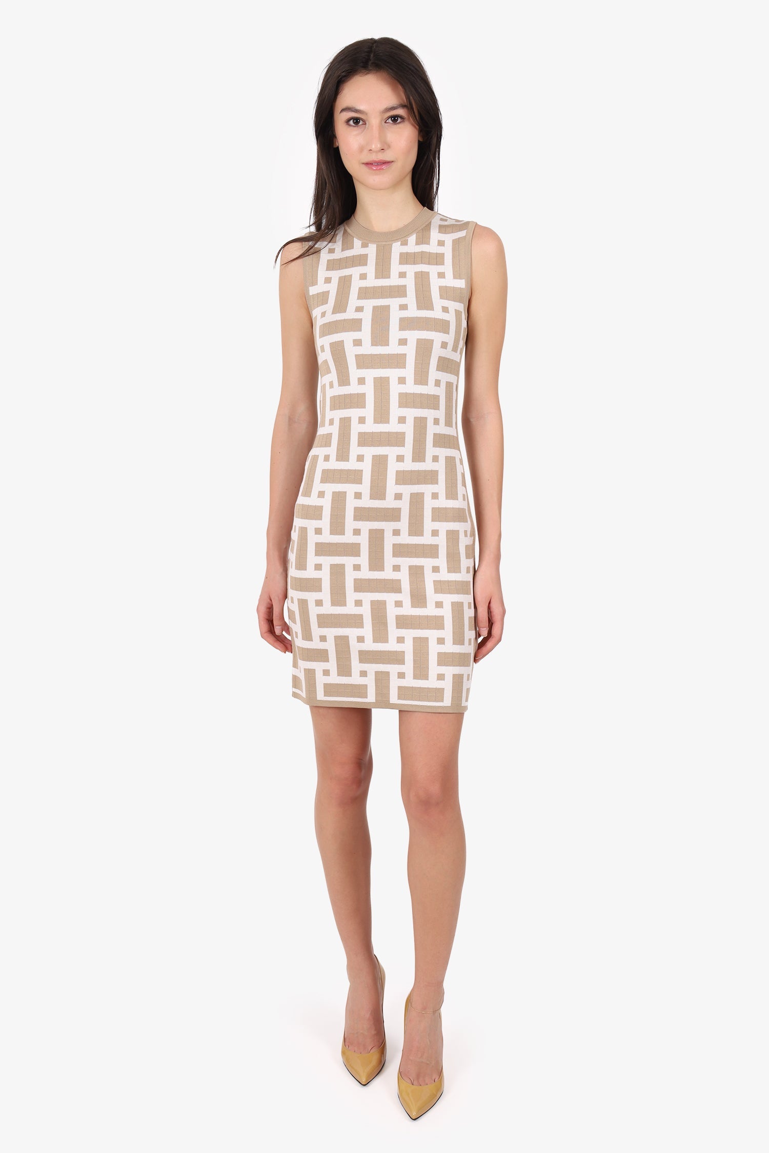 Hermès Beige/White “Mosaique” Knit Sleeveless Dress Size 34