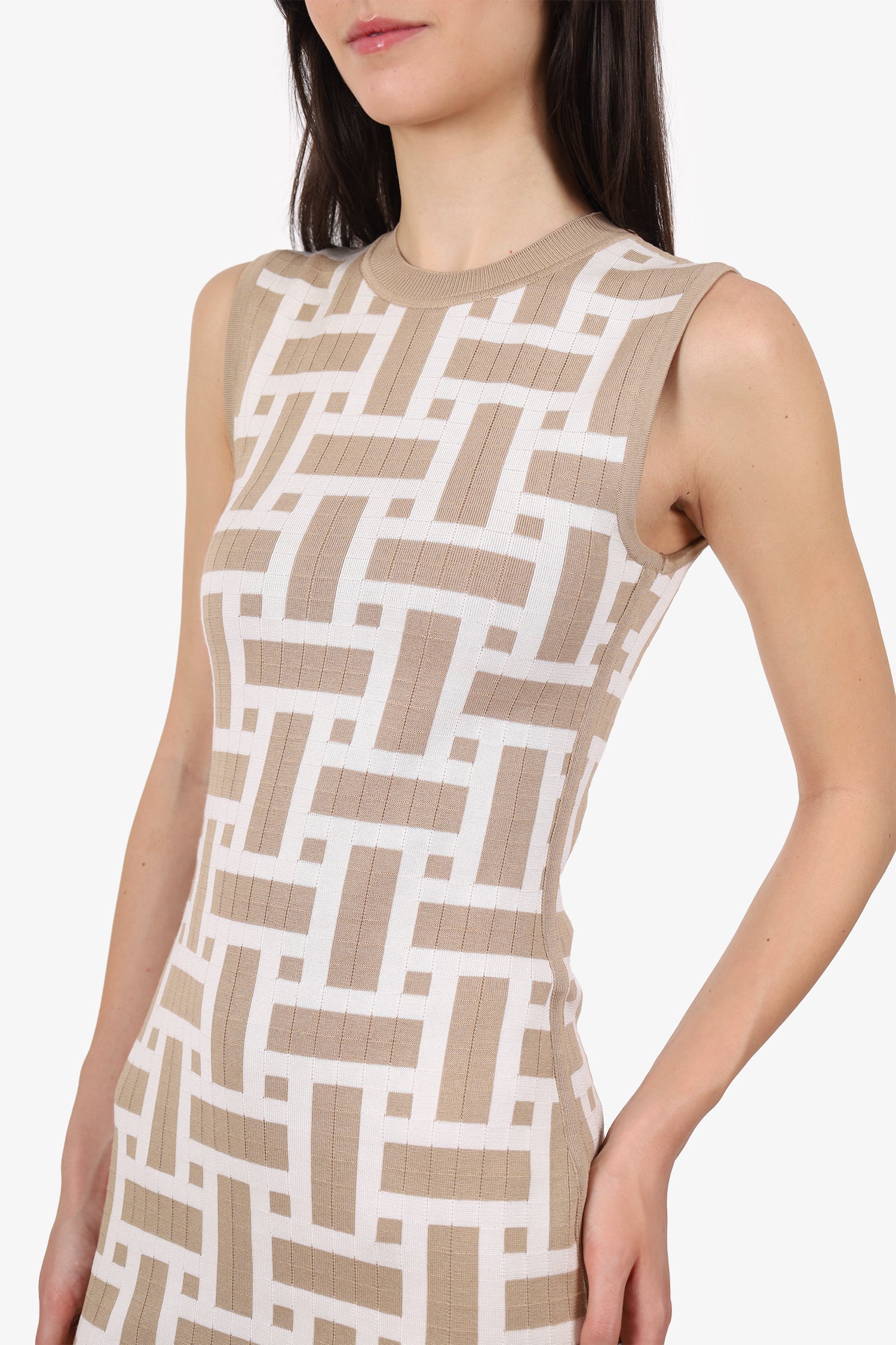 Hermès Beige/White “Mosaique” Knit Sleeveless Dress Size 34