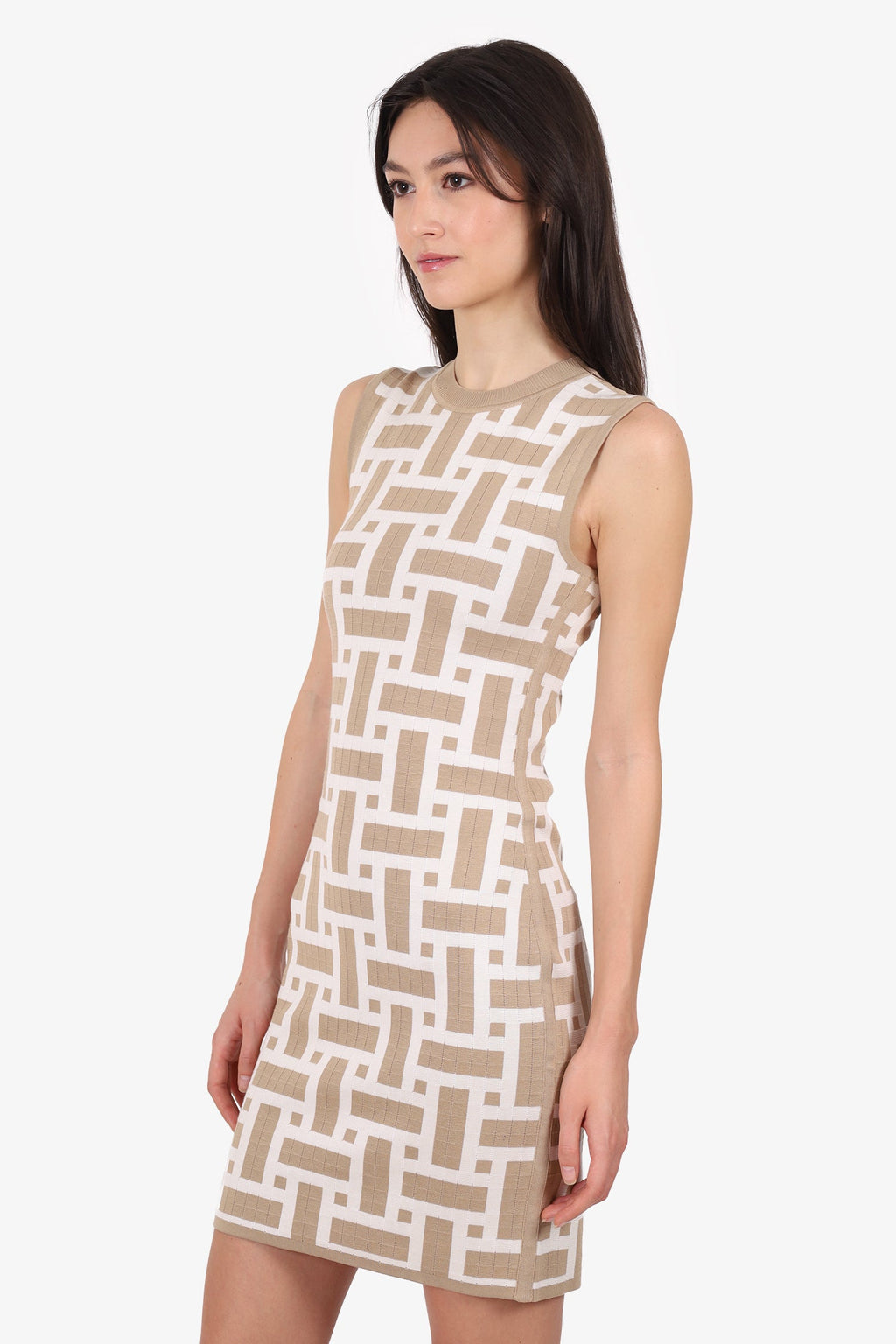 Hermès Beige/White “Mosaique” Knit Sleeveless Dress Size 34