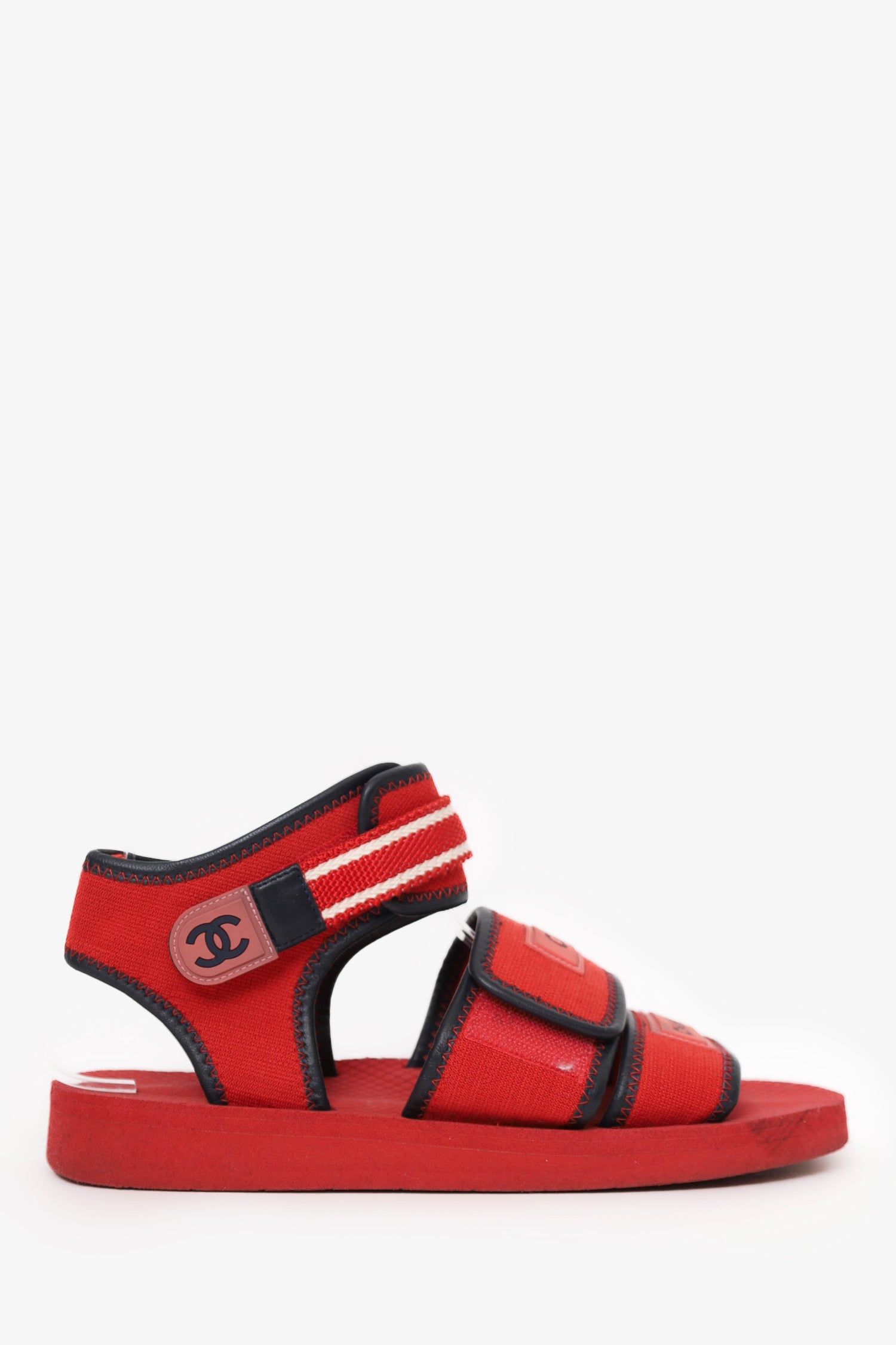 Pre-Loved Chanel™ 2019 Red/Black Fabric/Leather Coco Chanel Strap Flat Sandals Size 37