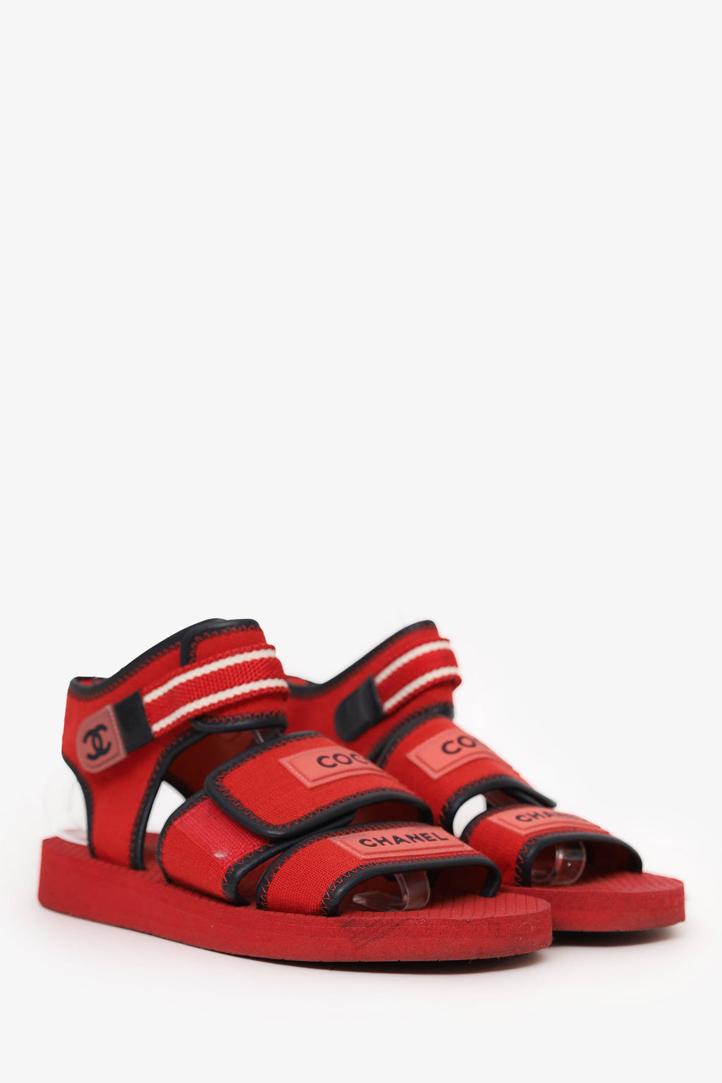 Pre-Loved Chanel™ 2019 Red/Black Fabric/Leather Coco Chanel Strap Flat Sandals Size 37