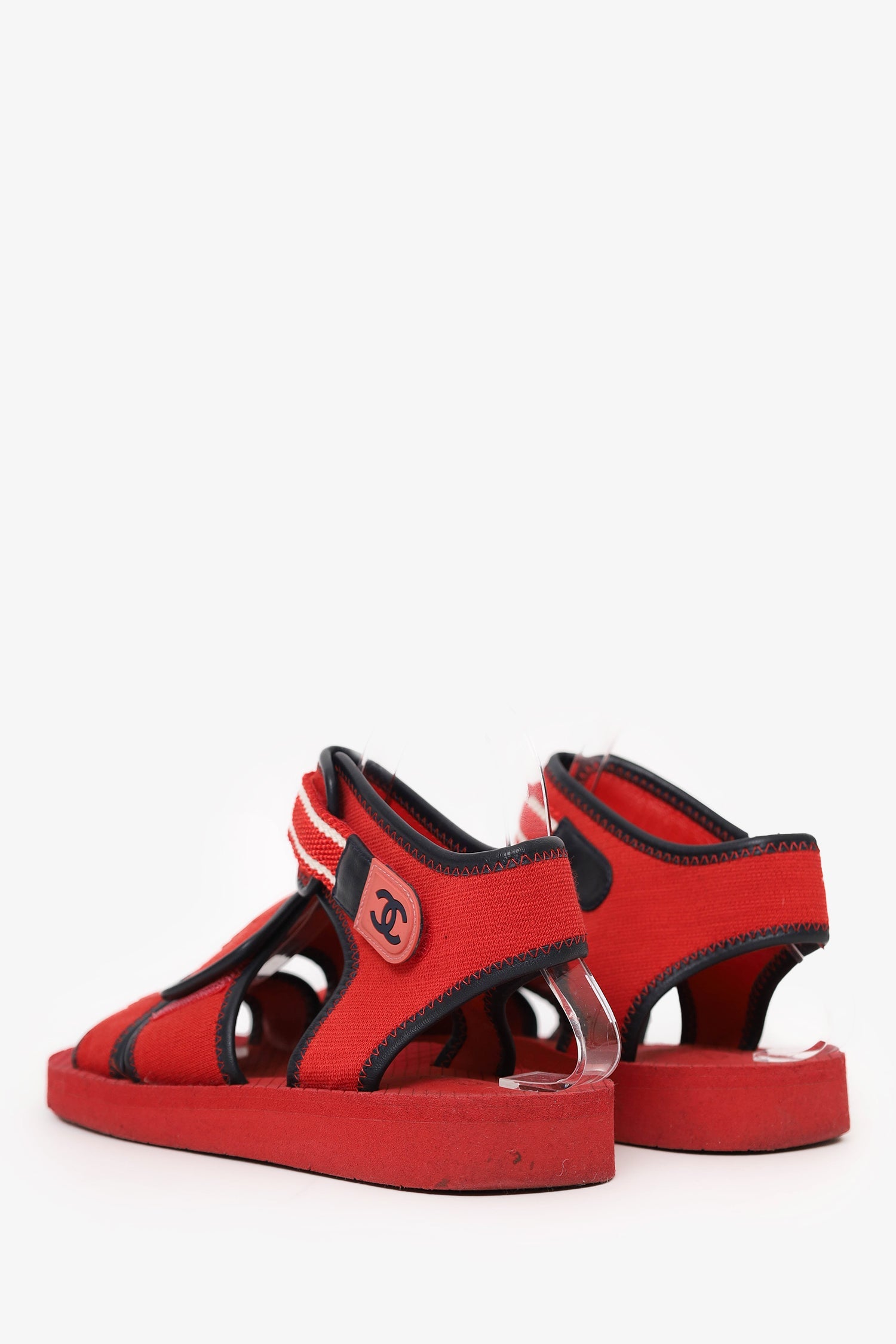 Pre-Loved Chanel™ 2019 Red/Black Fabric/Leather Coco Chanel Strap Flat Sandals Size 37