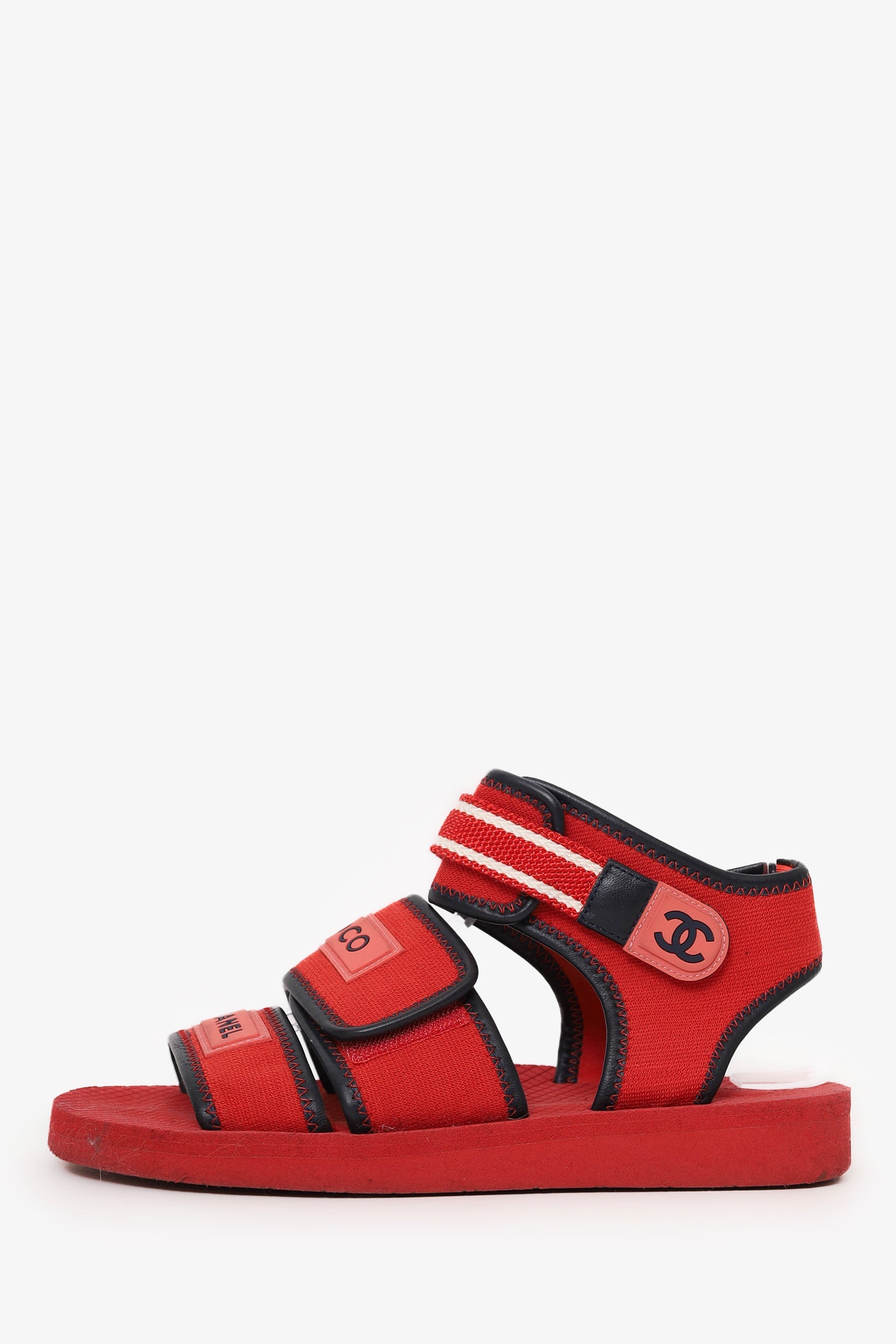 Pre-Loved Chanel™ 2019 Red/Black Fabric/Leather Coco Chanel Strap Flat Sandals Size 37