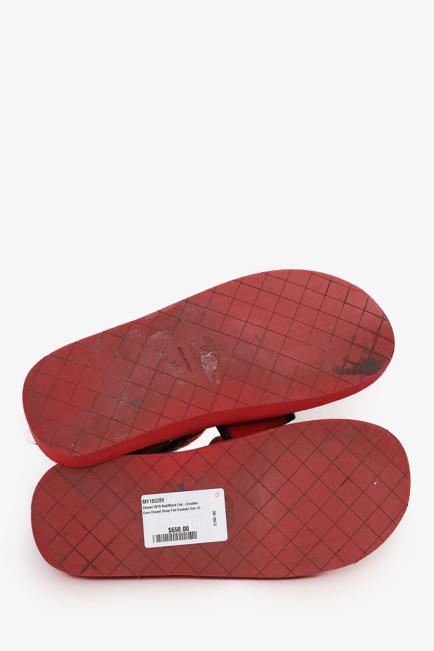 Pre-Loved Chanel™ 2019 Red/Black Fabric/Leather Coco Chanel Strap Flat Sandals Size 37