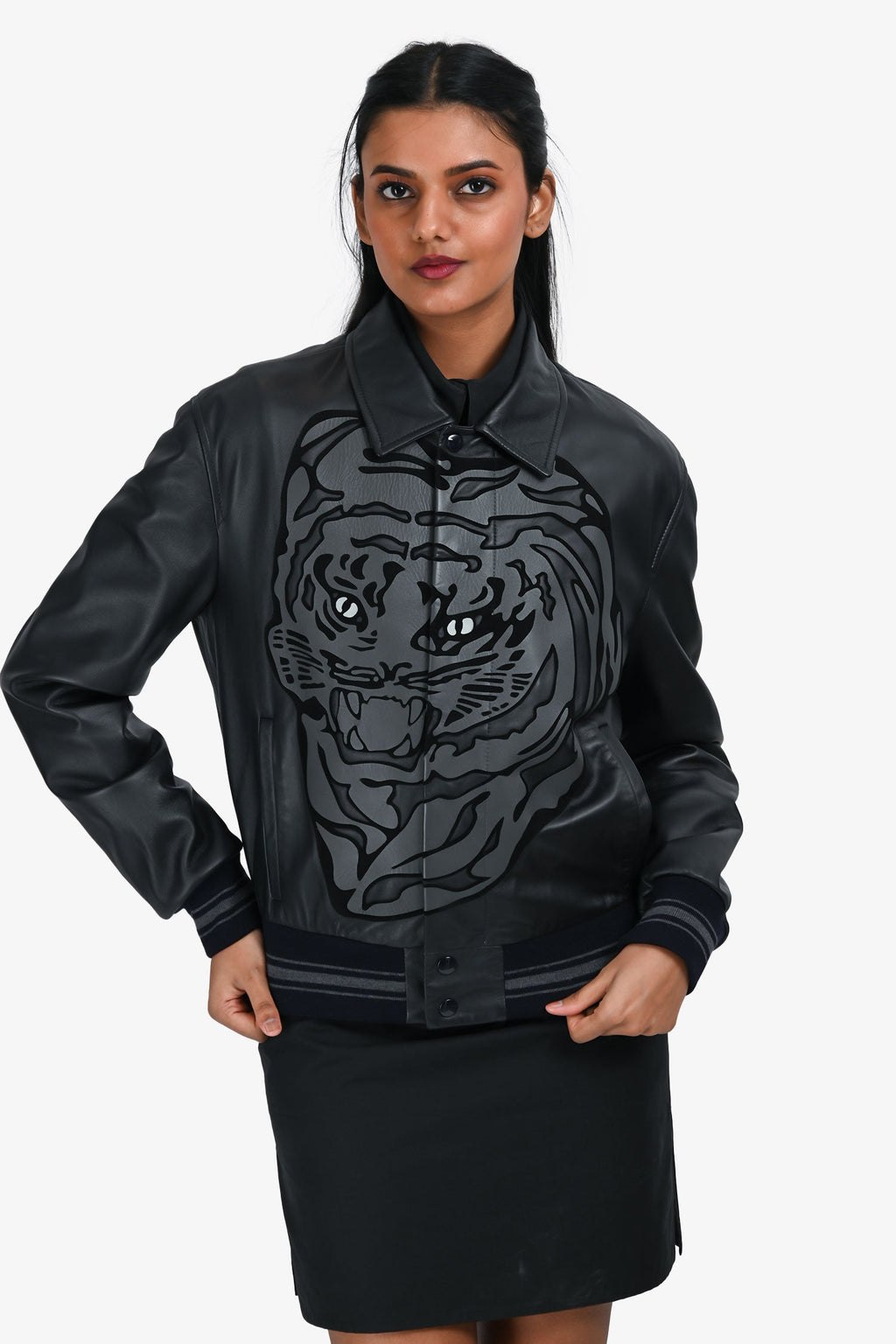 Valentino Metallic Grey Tiger Print Leather Jacket Size 46