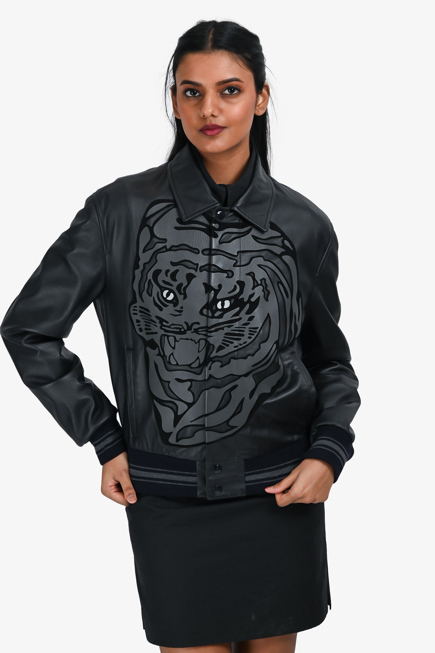 Valentino Metallic Grey Tiger Print Leather Jacket Size 46